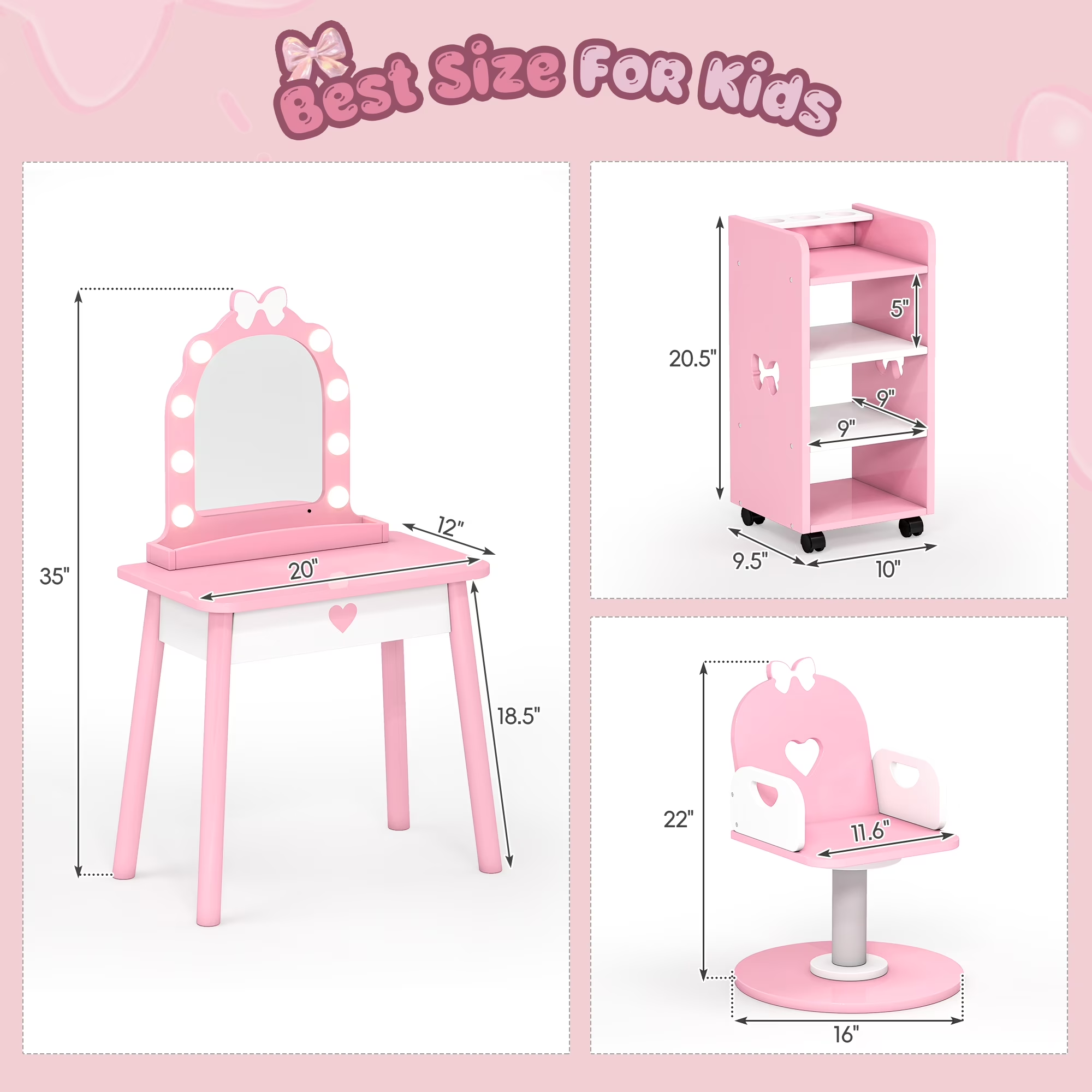 Reasea Kids Vanity Set with Light & Barber Chair, Pretend Play Makeup Dressing Table with Storage Shelf, 7 Pcs Hair Salon Accessories 