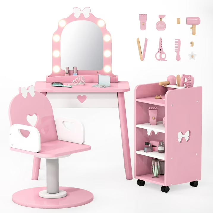 Reasea Kids Vanity Set with Light & Barber Chair, Pretend Play Makeup Dressing Table with Storage Shelf, 7 Pcs Hair Salon Accessories 