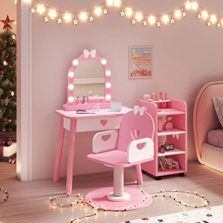 Reasea Kids Vanity Set with Light & Barber Chair, Pretend Play Makeup Dressing Table with Storage Shelf, 7 Pcs Hair Salon Accessories 