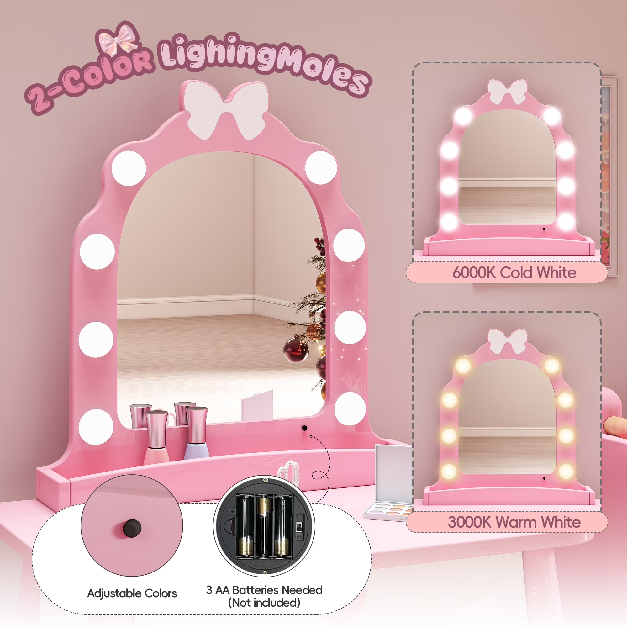 Reasea Kids Vanity Set with Light & Barber Chair, Pretend Play Makeup Dressing Table with Storage Shelf, 7 Pcs Hair Salon Accessories 