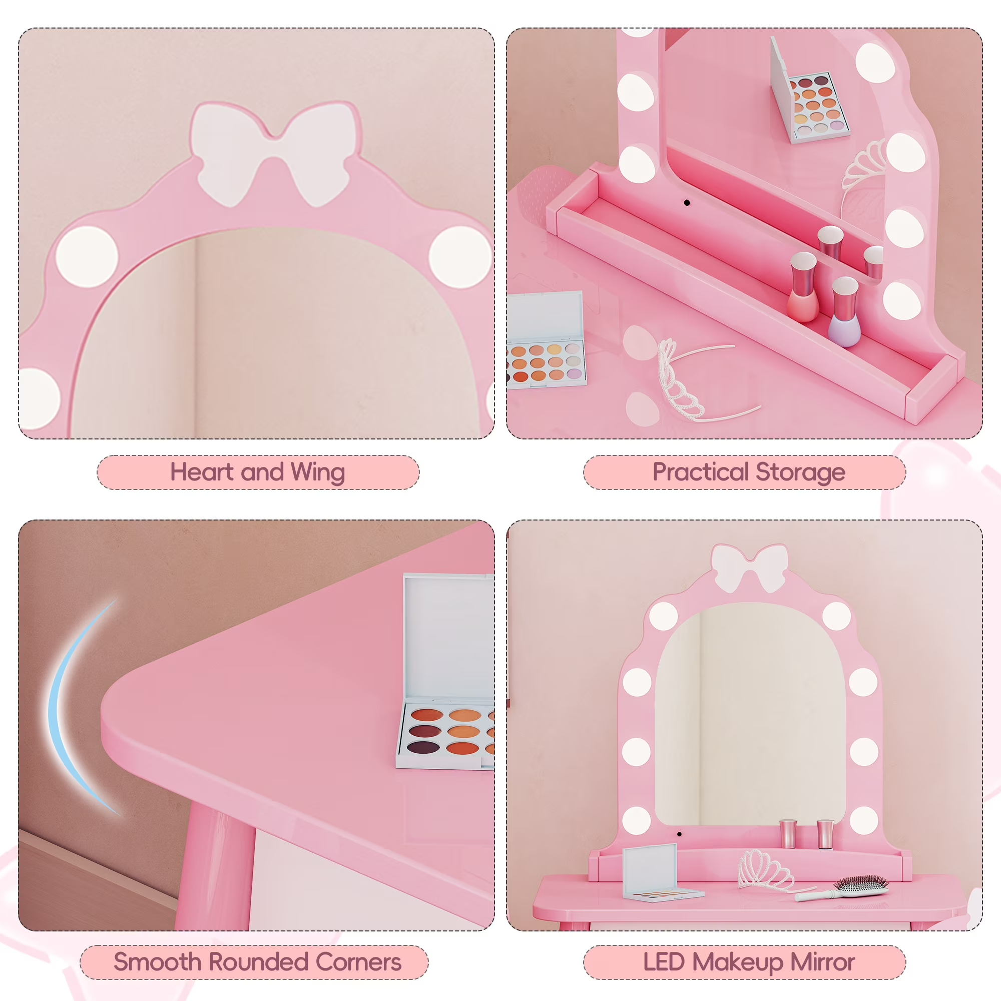 Reasea Kids Vanity Set with Light & Barber Chair, Pretend Play Makeup Dressing Table with Storage Shelf, 7 Pcs Hair Salon Accessories 