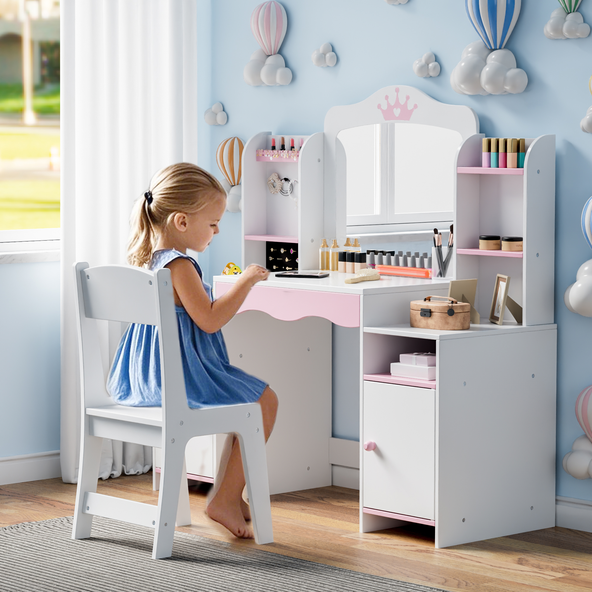 Reasea Kids Vanity, Girl Vanity Set with Mirror and Stool, 2 in 1 Toddler Makeup Vanity Table with Jewelry Storage