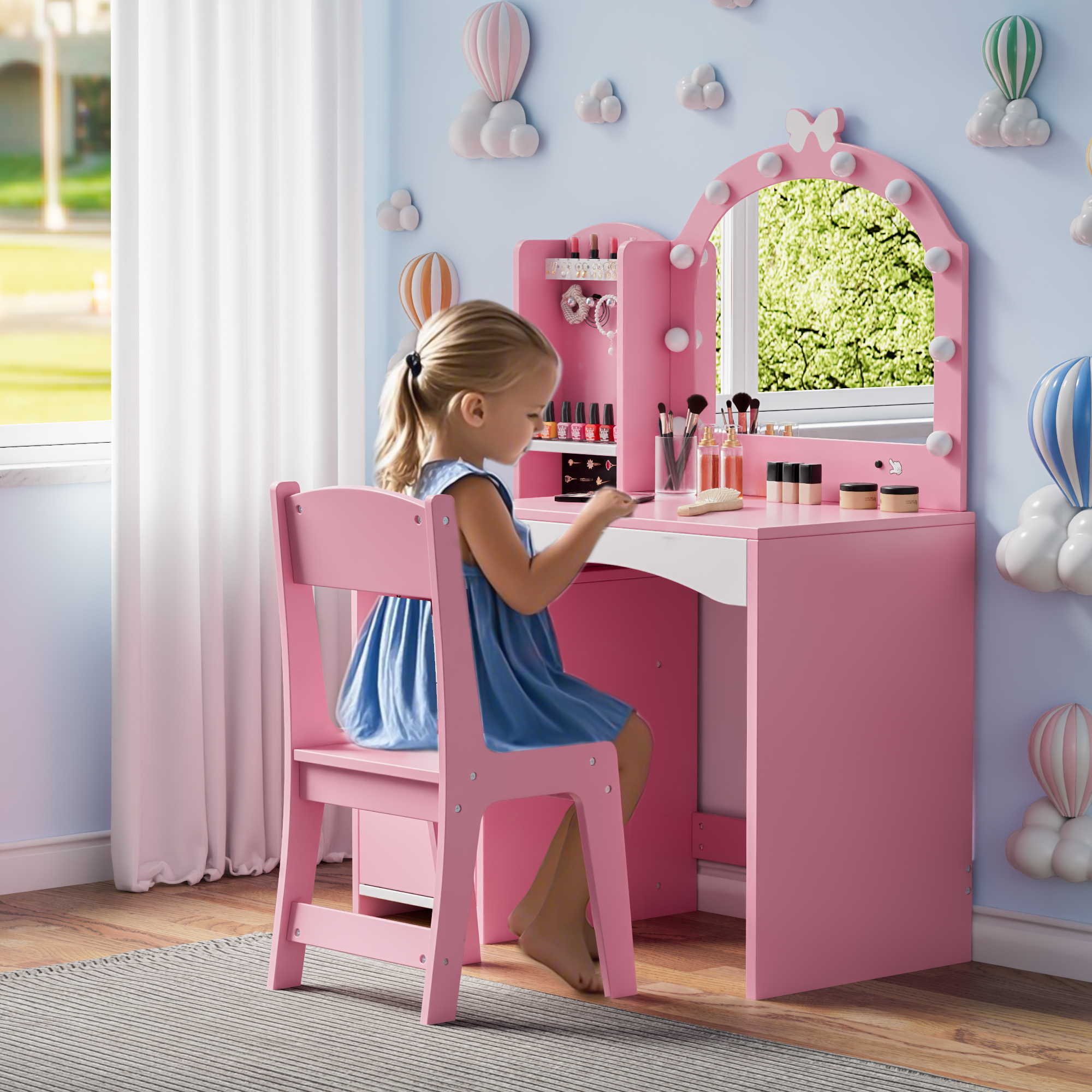 Reasea Pink Wooden Girls Vanity Table Set with Mirror, Chair & Jewelry Storage - 2-in-1 Makeup Desk for Pretend Play, Princess Dressing Station for Kids