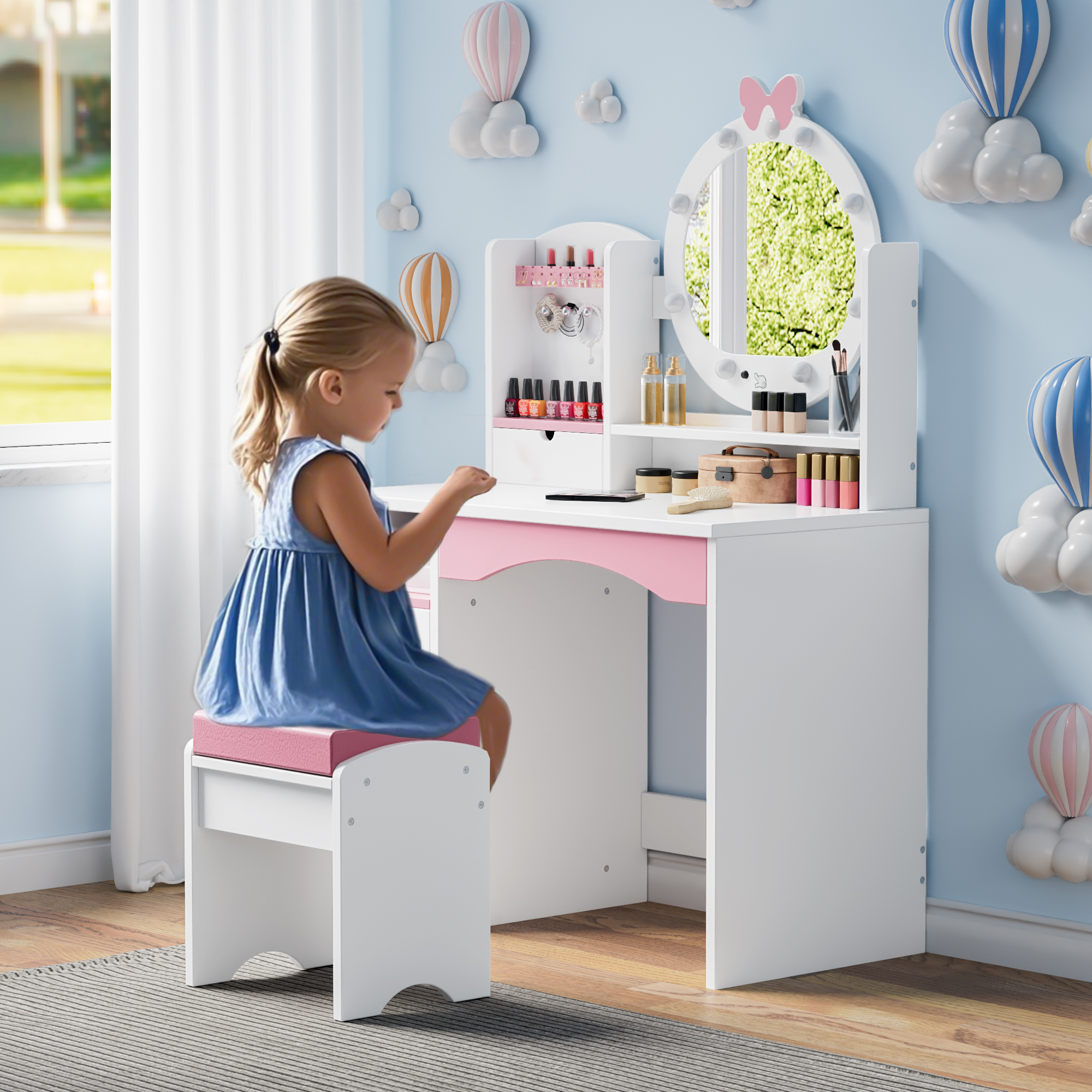 Reasea Kids Vanity Table, Girls Vanity Set, Princess Makeup Vanity Desk & Chair Set