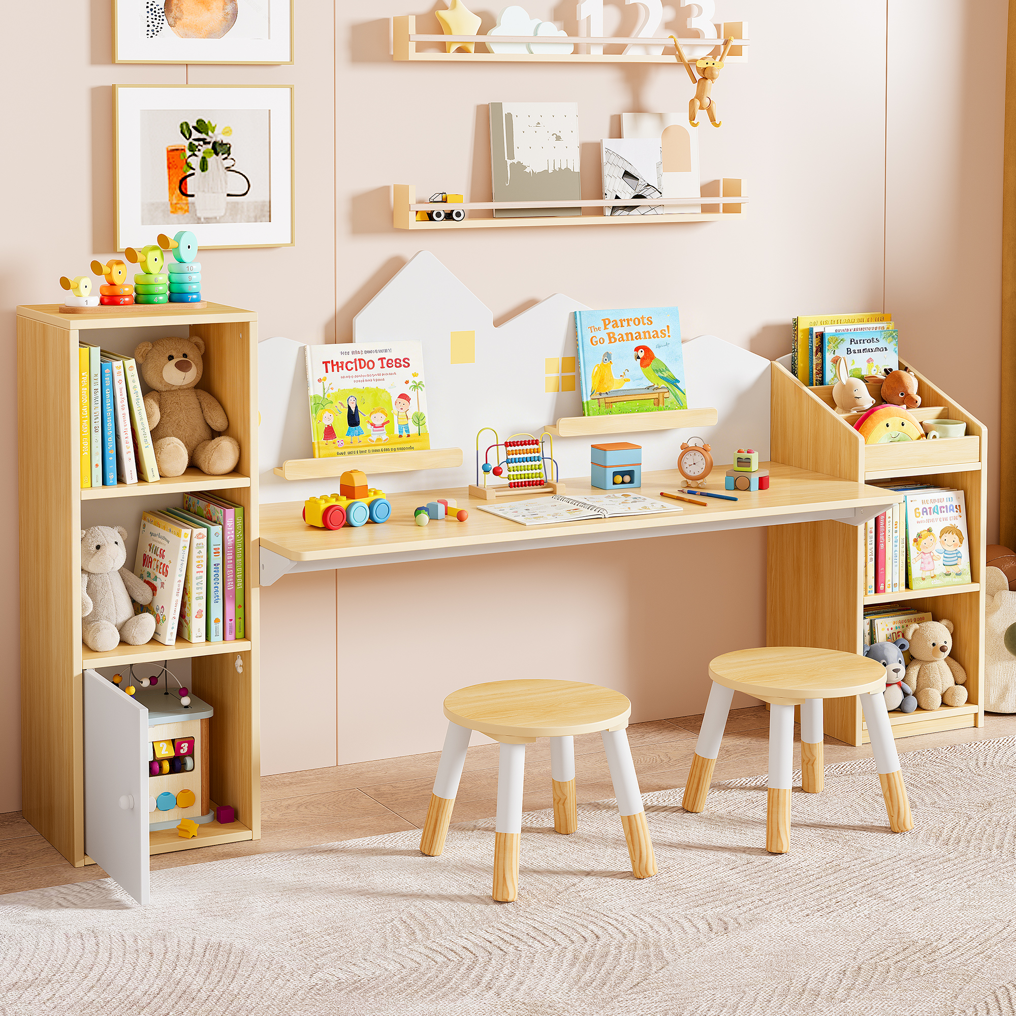 Reasea Kids Desk with Bookshelves & 2 Stools, Wooden Study Table Set with 5 Storage Cabinets, Children Writing & Drawing Table