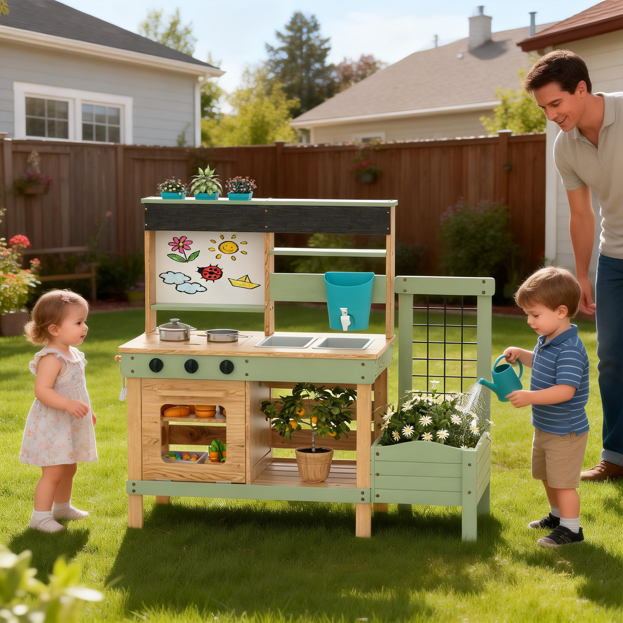 Reasea Outdoor Kids Wooden Mud Kitchen Playset, Plant Growing Box, Removable Sink, Oven Stove & Kitchen Accessories, Backyard Garden Pretend Play Toy