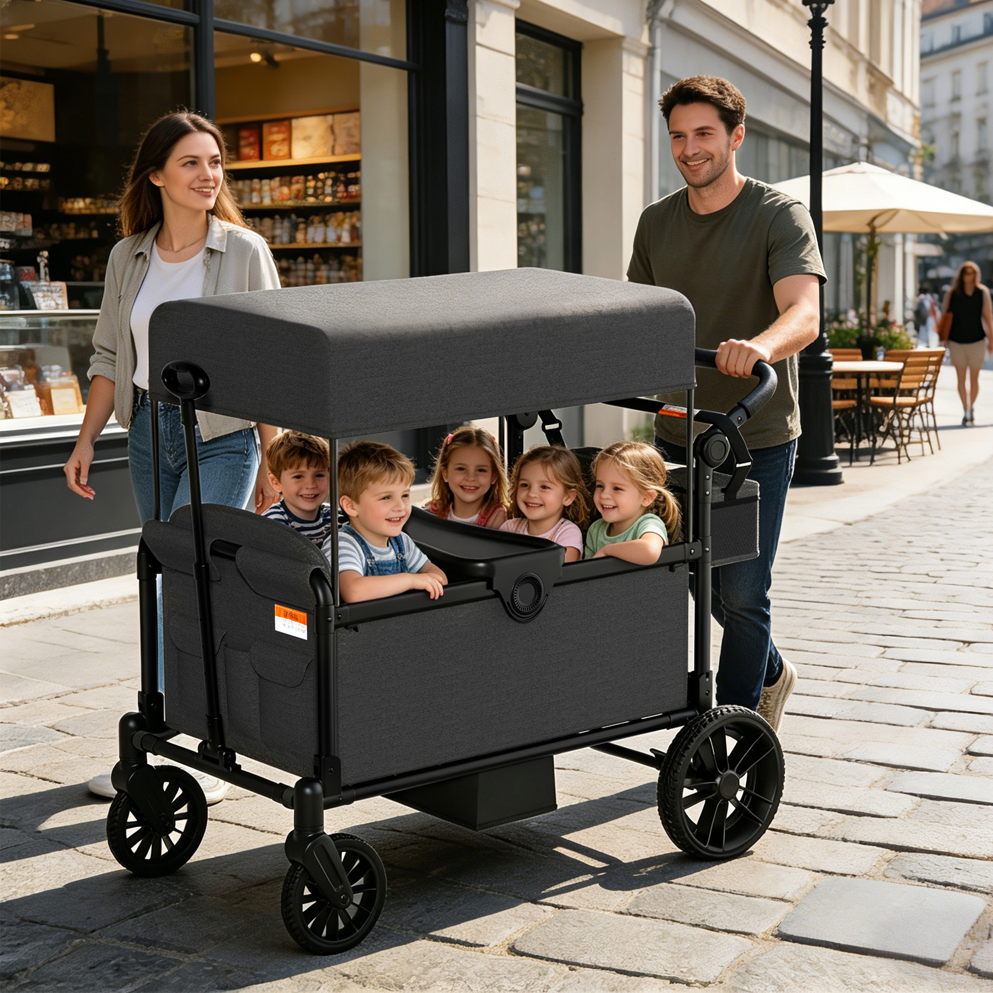 Reasea 4-Seat Kids Stroller Wagon, Foldable Outdoor Utility Wagon with Side Entry, 5-Point Safety Harness, Adjustable Push Pull Handle & Removable Canopy