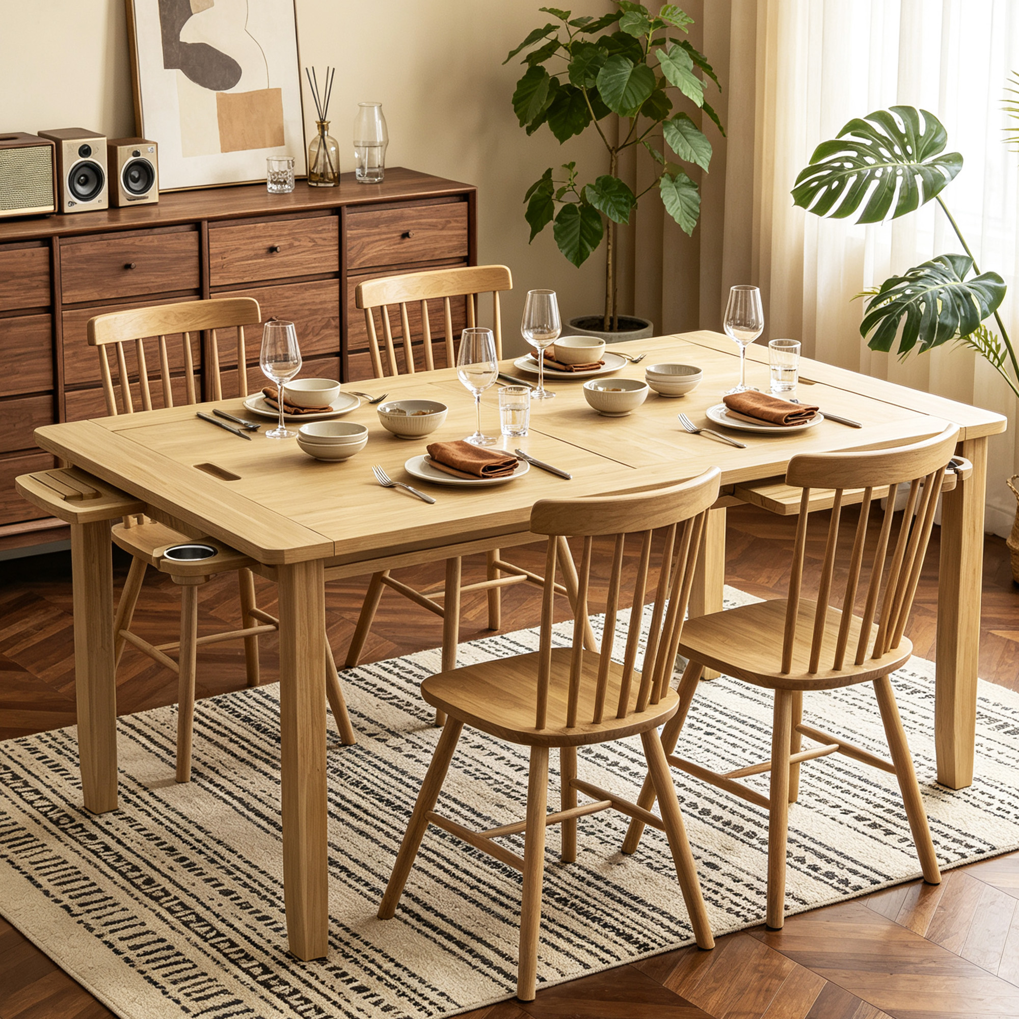 Reasea 66"x 39" Solid Wood Board Game Dining Table with Removable Top, PU Leather Mat, 4 Cup Holders & 4 Hobby Trays, Seats 4-6
