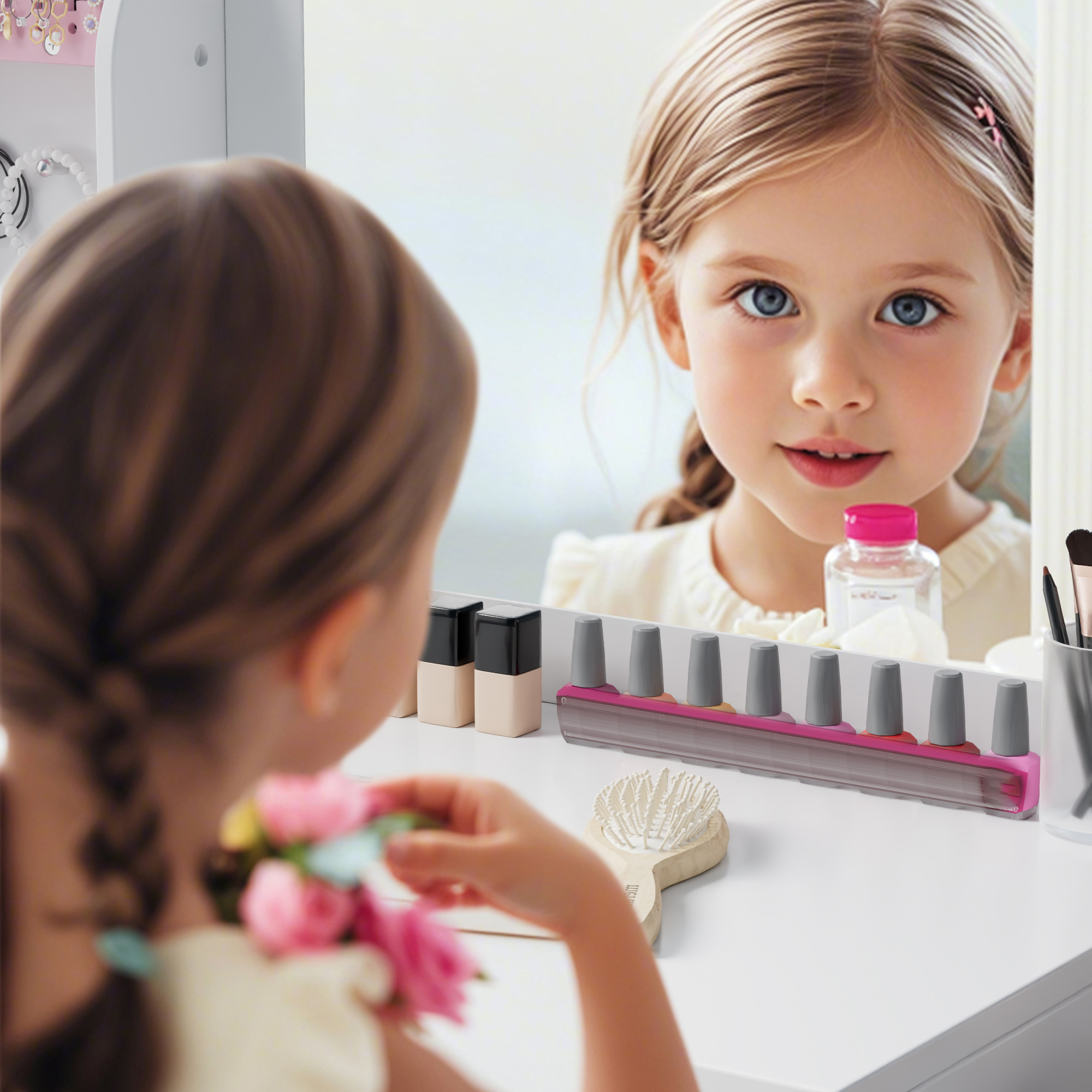 Reasea Kids Vanity, Girl Vanity Set with Mirror and Stool, 2 in 1 Toddler Makeup Vanity Table with Jewelry Storage