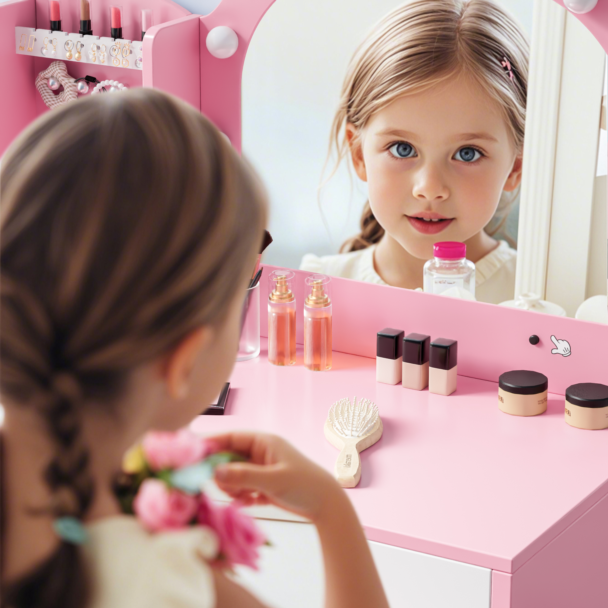 Reasea Pink Wooden Girls Vanity Table Set with Mirror, Chair & Jewelry Storage - 2-in-1 Makeup Desk for Pretend Play, Princess Dressing Station for Kids