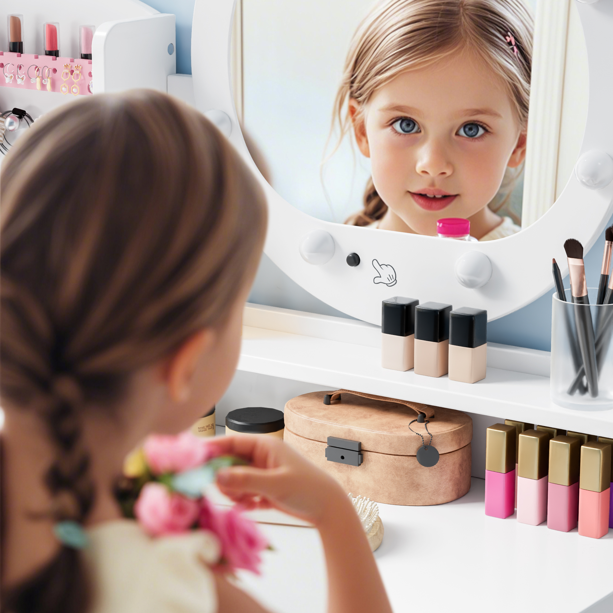 Reasea Kids Vanity Table, Girls Vanity Set, Princess Makeup Vanity Desk & Chair Set