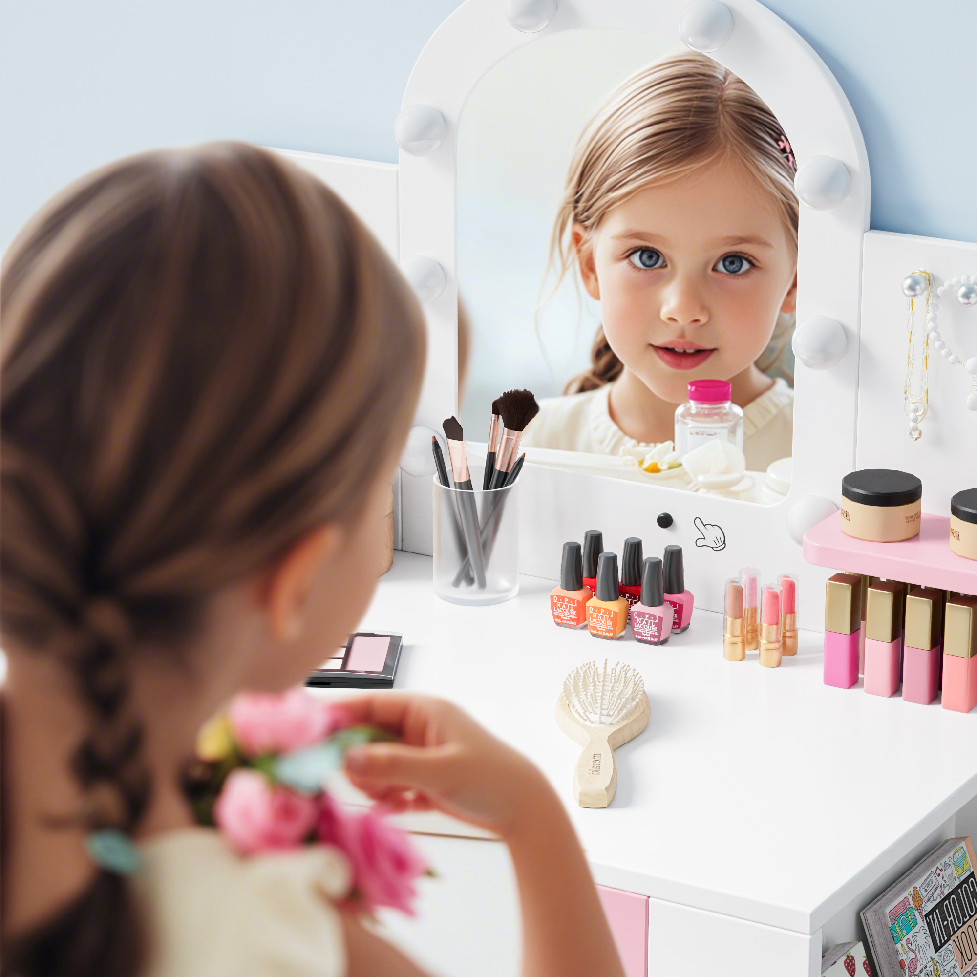 Reasea 1 Piece Kids LED Lights Vanity Desk Table Set