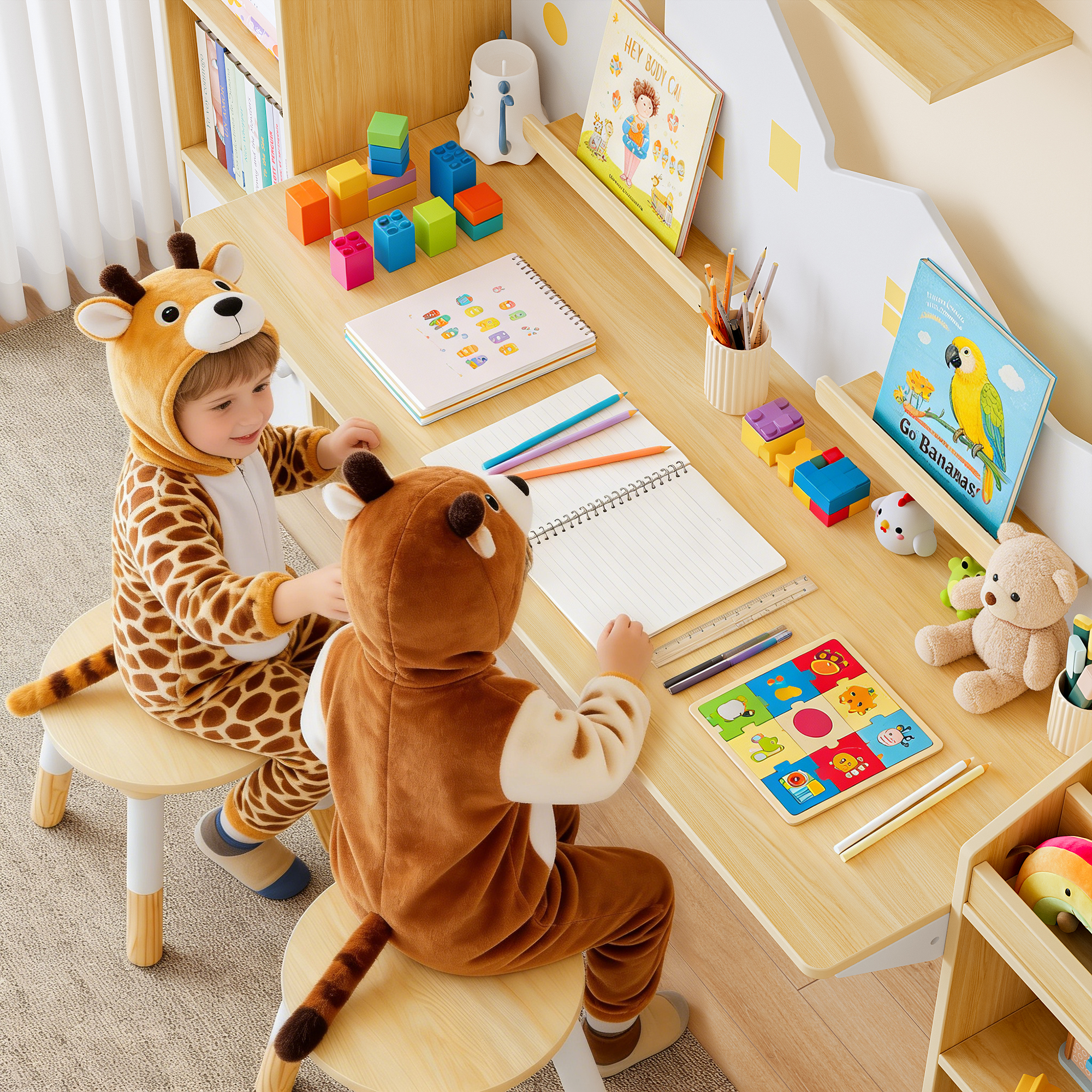 Reasea Kids Desk with Bookshelves & 2 Stools, Wooden Study Table Set with 5 Storage Cabinets, Children Writing & Drawing Table