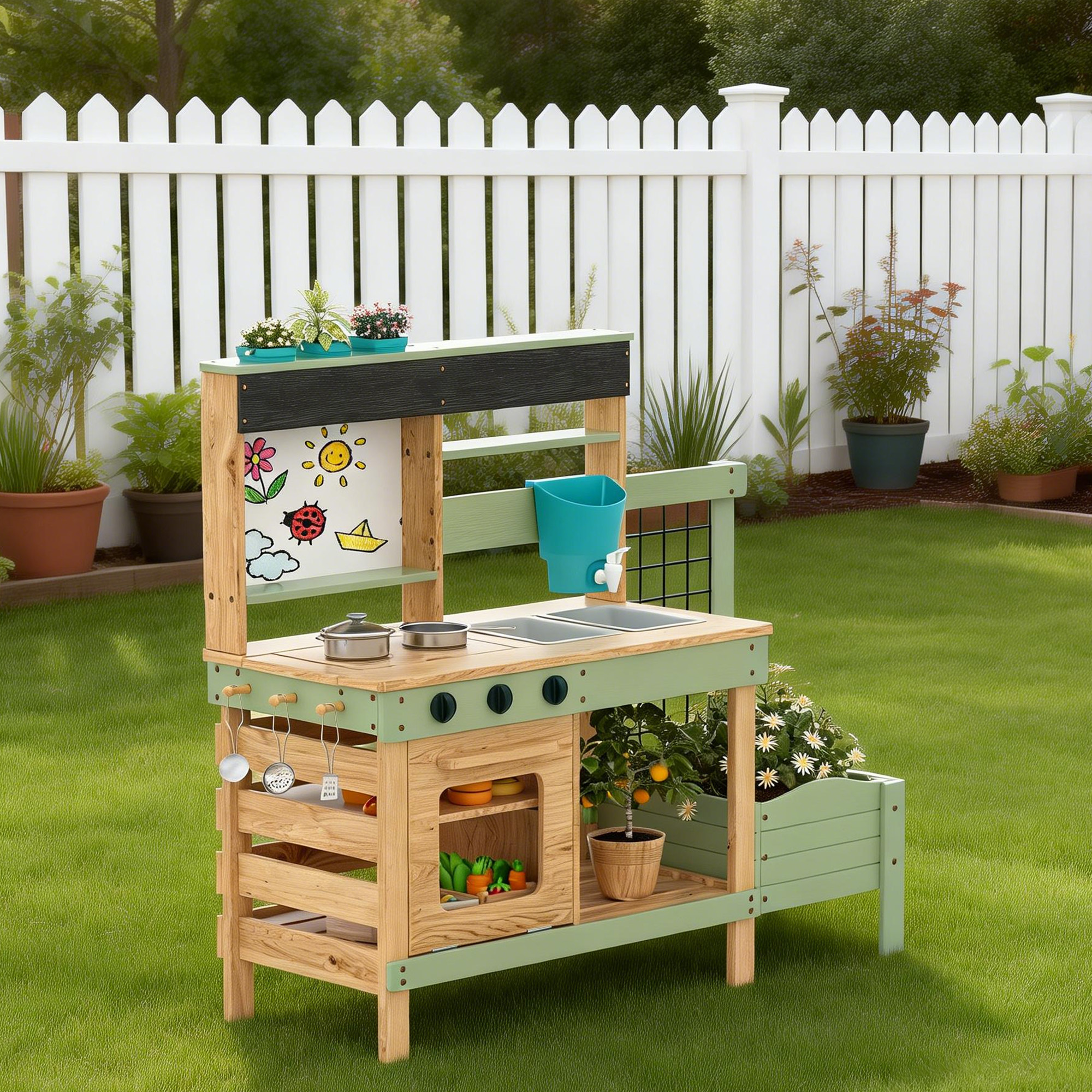 Reasea Outdoor Kids Wooden Mud Kitchen Playset, Plant Growing Box, Removable Sink, Oven Stove & Kitchen Accessories, Backyard Garden Pretend Play Toy