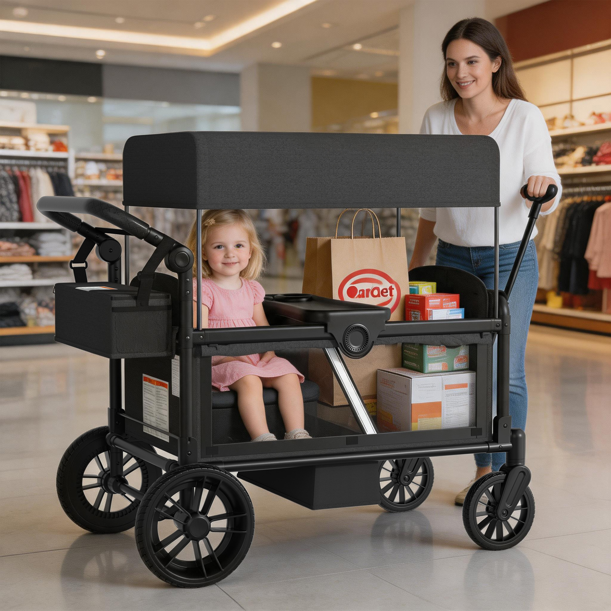 Reasea 4-Seat Kids Stroller Wagon, Foldable Outdoor Utility Wagon with Side Entry, 5-Point Safety Harness, Adjustable Push Pull Handle & Removable Canopy