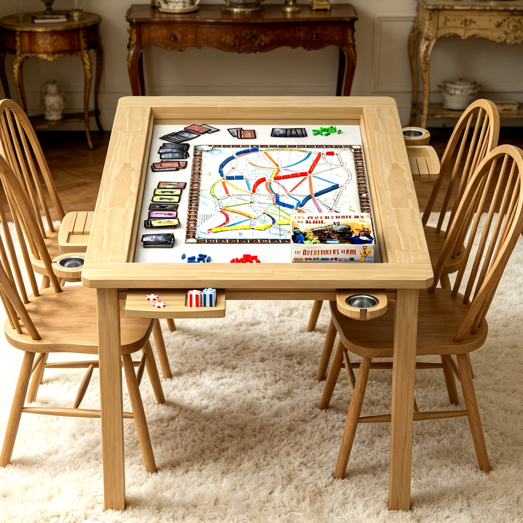 Reasea 66"x 39" Solid Wood Board Game Dining Table with Removable Top, PU Leather Mat, 4 Cup Holders & 4 Hobby Trays, Seats 4-6
