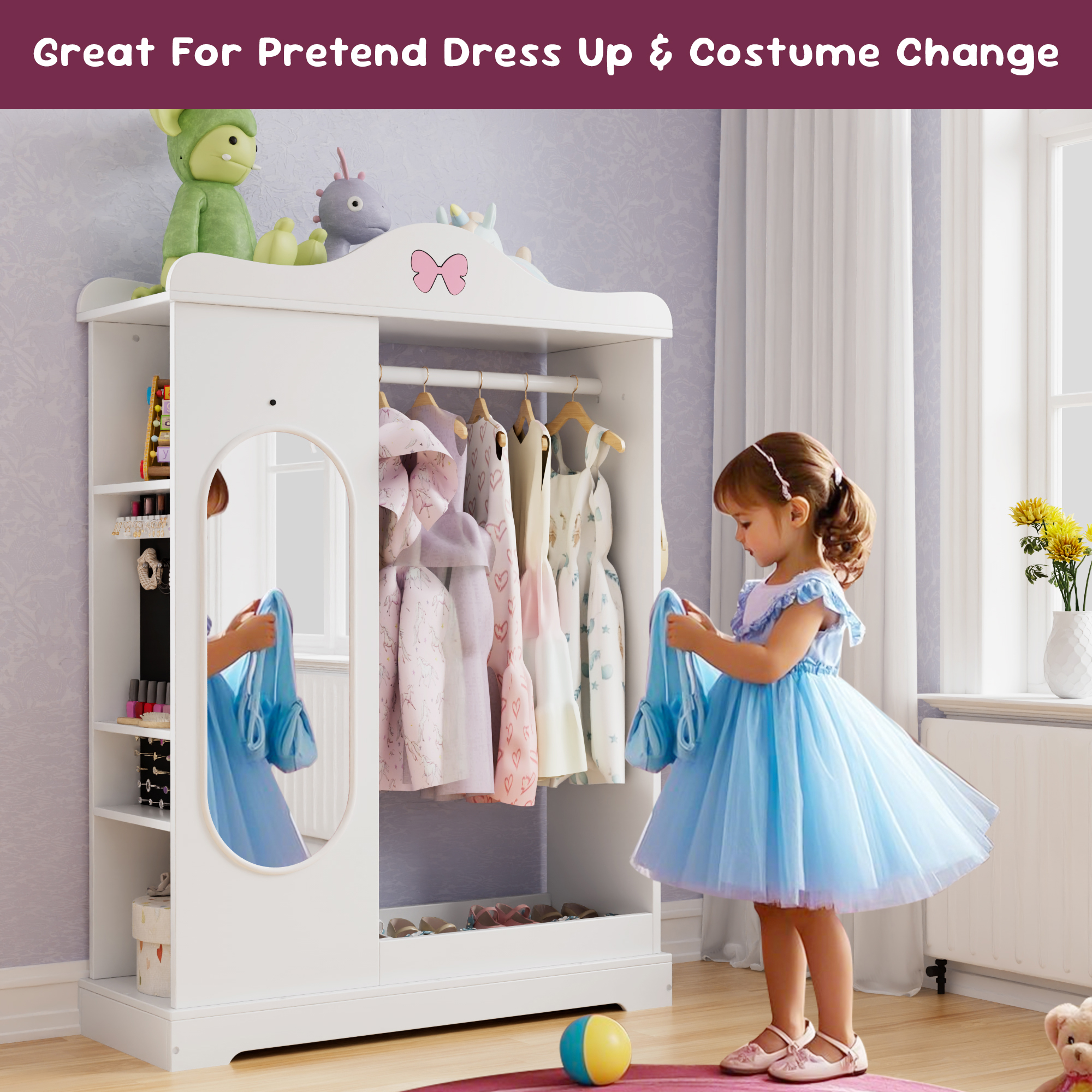Reasea Kids Armoire with a Jewelry Cabinet, Princess Dress Up Closet with Mirror