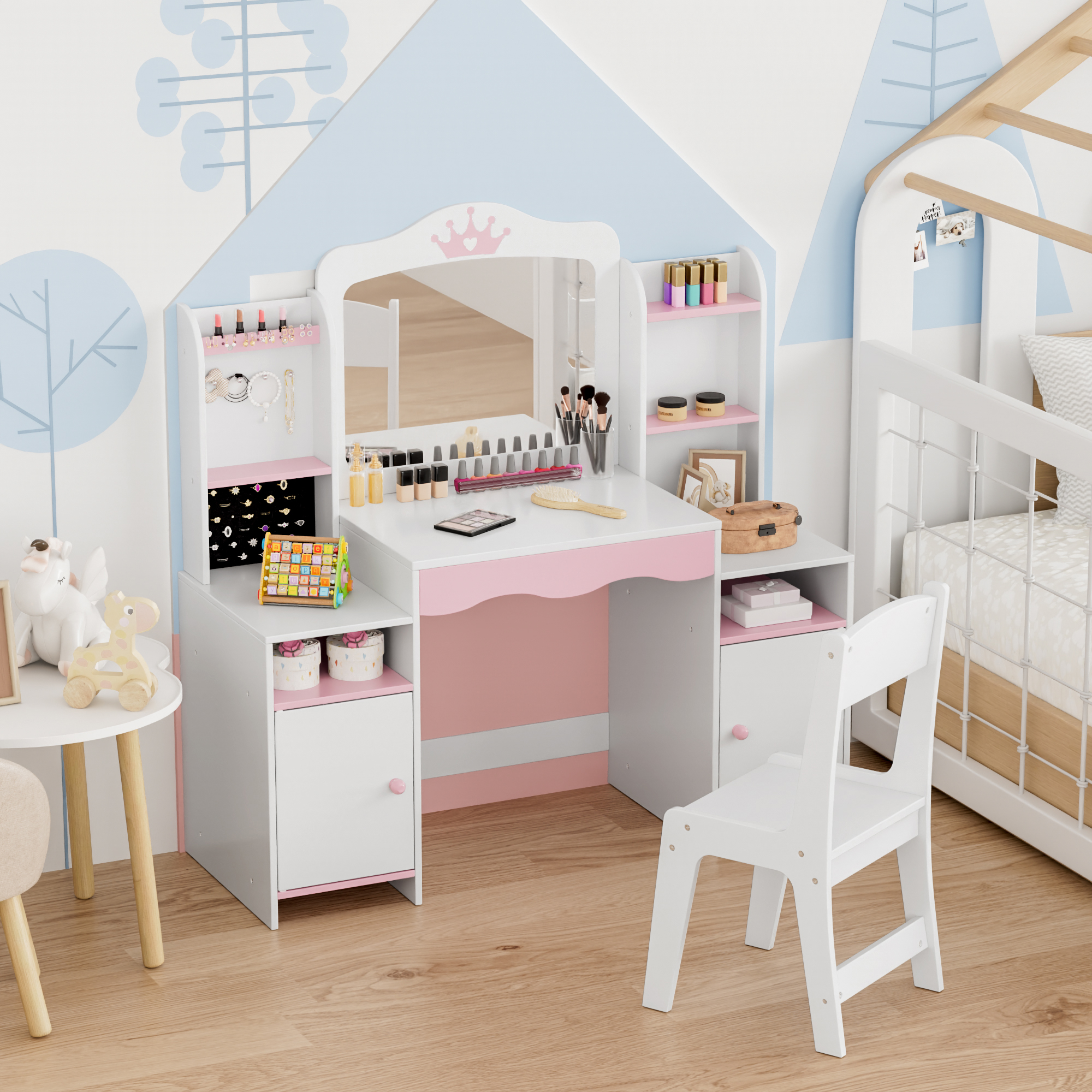 Reasea Kids Vanity, Girl Vanity Set with Mirror and Stool, 2 in 1 Toddler Makeup Vanity Table with Jewelry Storage