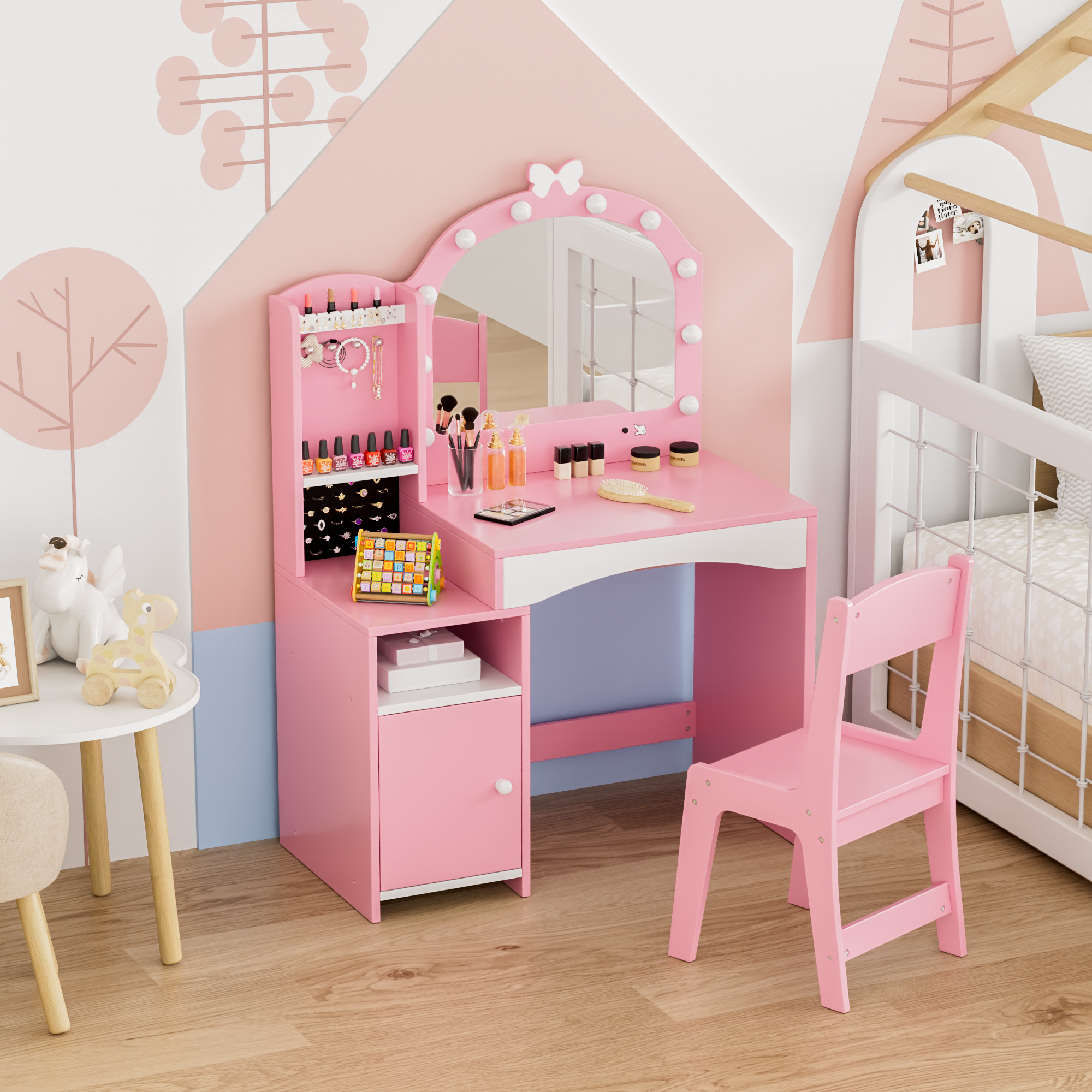 Reasea Pink Wooden Girls Vanity Table Set with Mirror, Chair & Jewelry Storage - 2-in-1 Makeup Desk for Pretend Play, Princess Dressing Station for Kids
