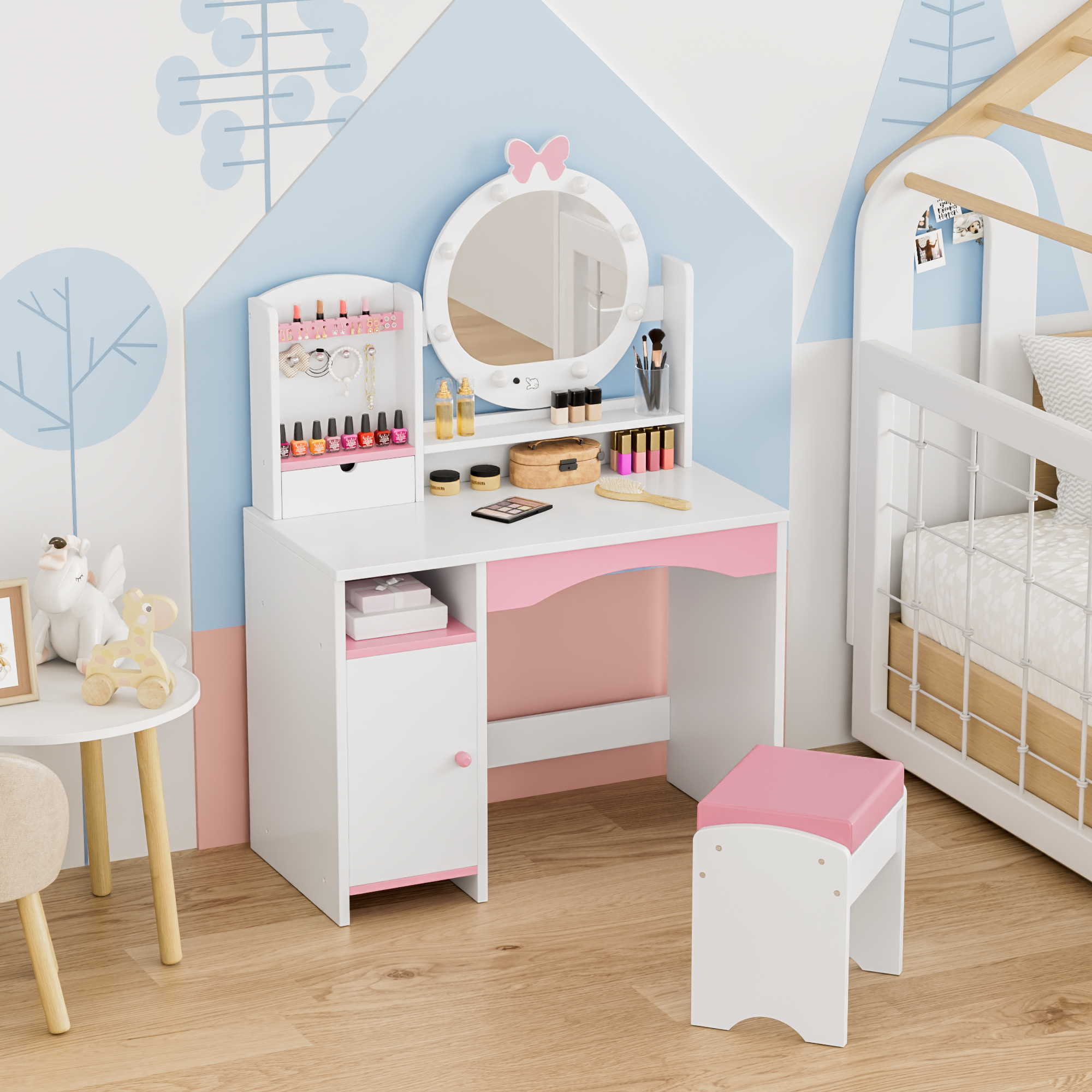 Reasea Kids Vanity Table, Girls Vanity Set, Princess Makeup Vanity Desk & Chair Set