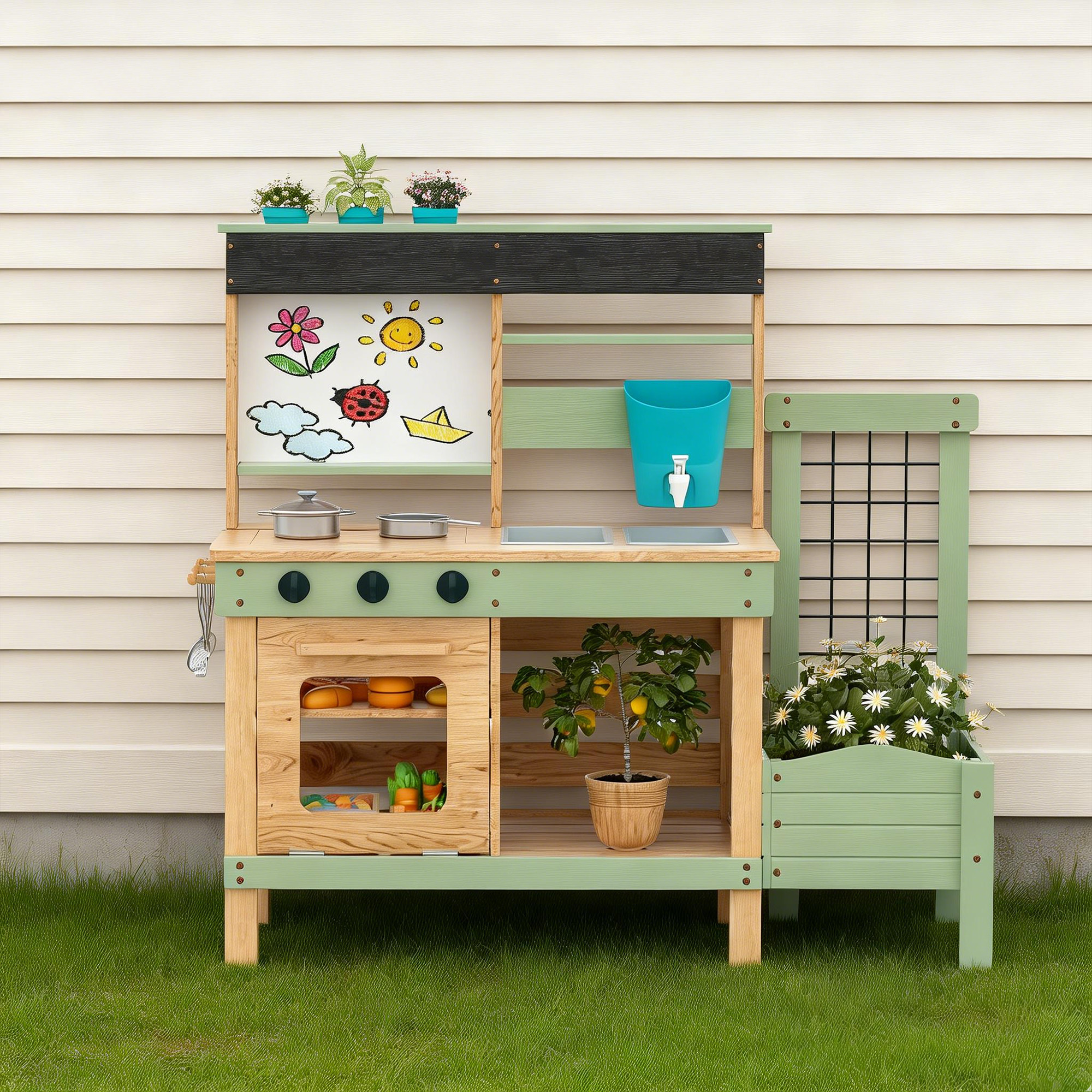 Reasea Outdoor Kids Wooden Mud Kitchen Playset, Plant Growing Box, Removable Sink, Oven Stove & Kitchen Accessories, Backyard Garden Pretend Play Toy
