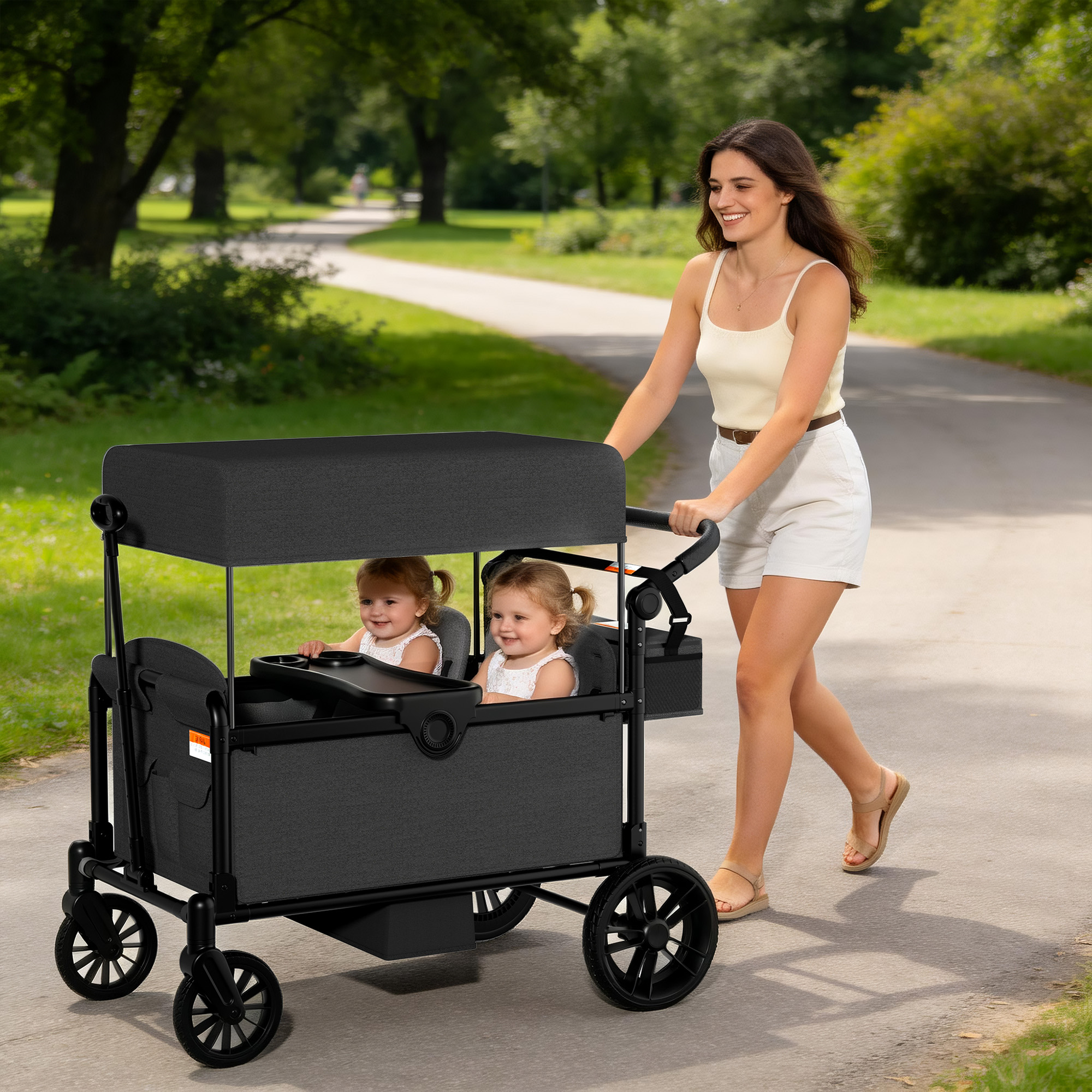 Reasea 4-Seat Kids Stroller Wagon, Foldable Outdoor Utility Wagon with Side Entry, 5-Point Safety Harness, Adjustable Push Pull Handle & Removable Canopy