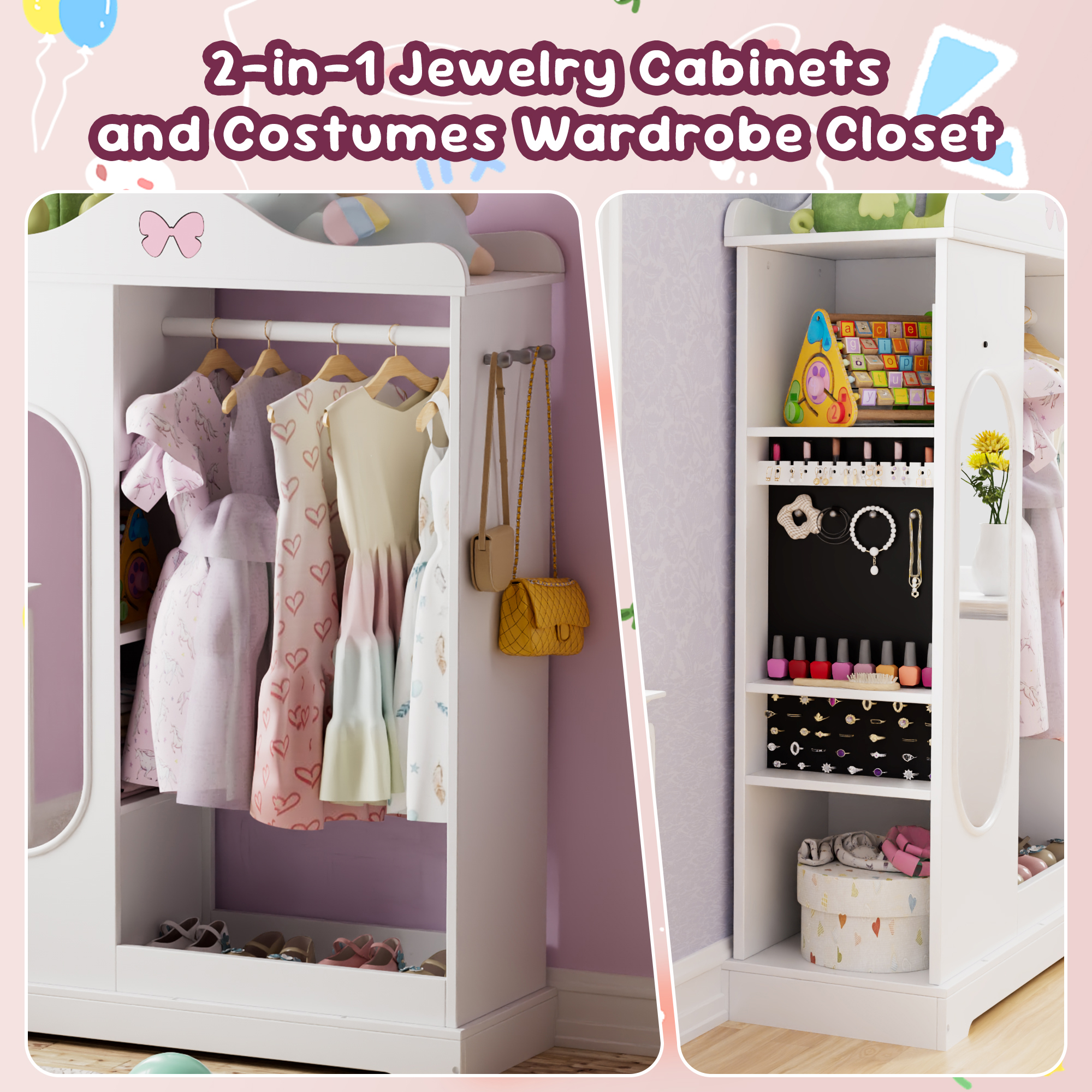 Reasea Kids Armoire with a Jewelry Cabinet, Princess Dress Up Closet with Mirror