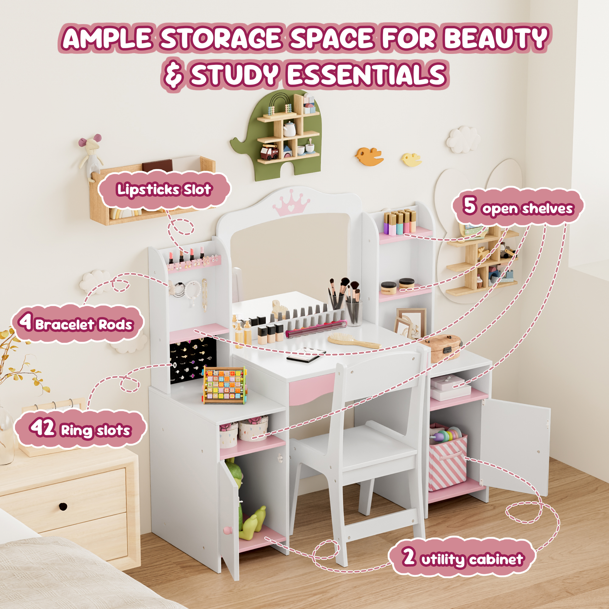 Reasea Kids Vanity, Girl Vanity Set with Mirror and Stool, 2 in 1 Toddler Makeup Vanity Table with Jewelry Storage