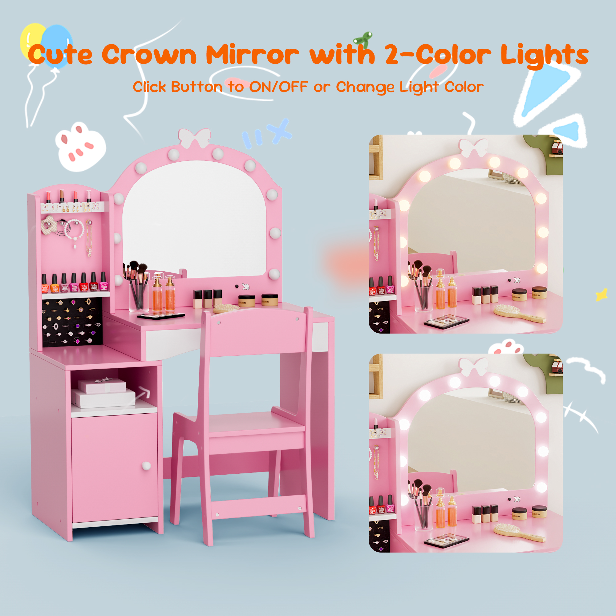 Reasea Pink Wooden Girls Vanity Table Set with Mirror, Chair & Jewelry Storage - 2-in-1 Makeup Desk for Pretend Play, Princess Dressing Station for Kids