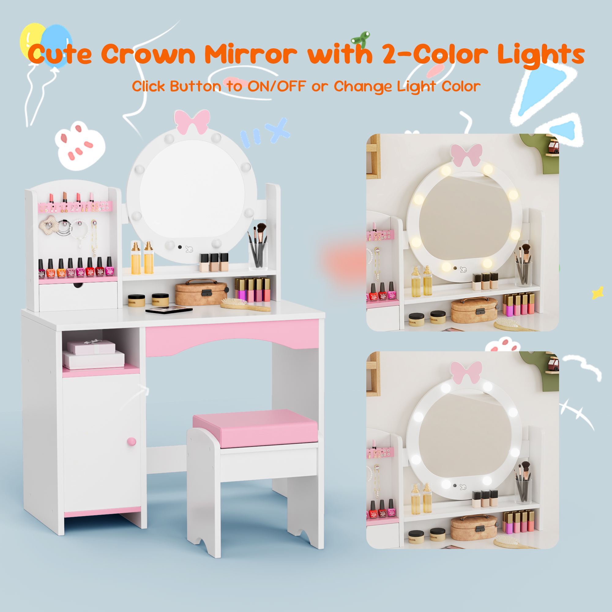 Reasea Kids Vanity Table, Girls Vanity Set, Princess Makeup Vanity Desk & Chair Set