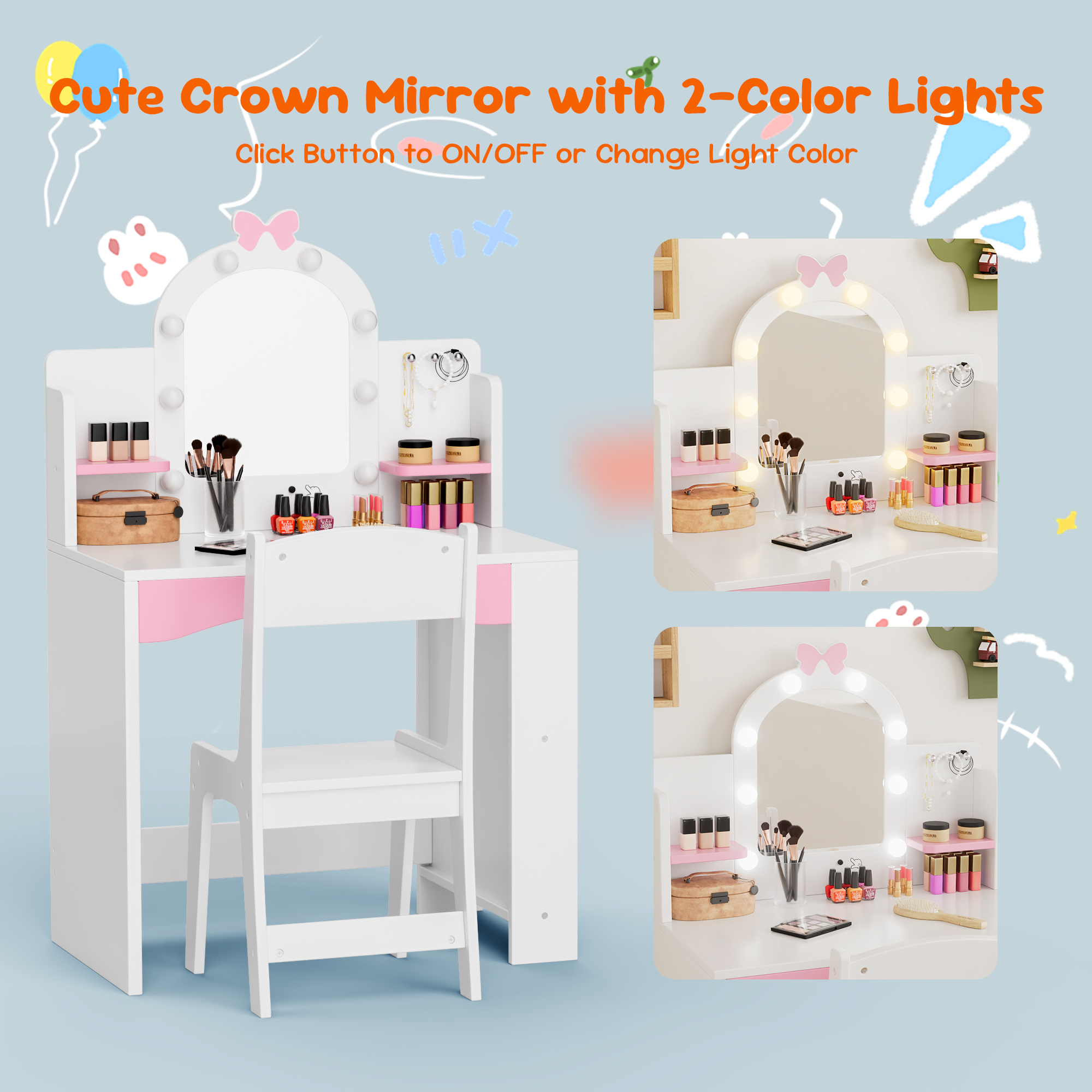 Reasea 1 Piece Kids LED Lights Vanity Desk Table Set