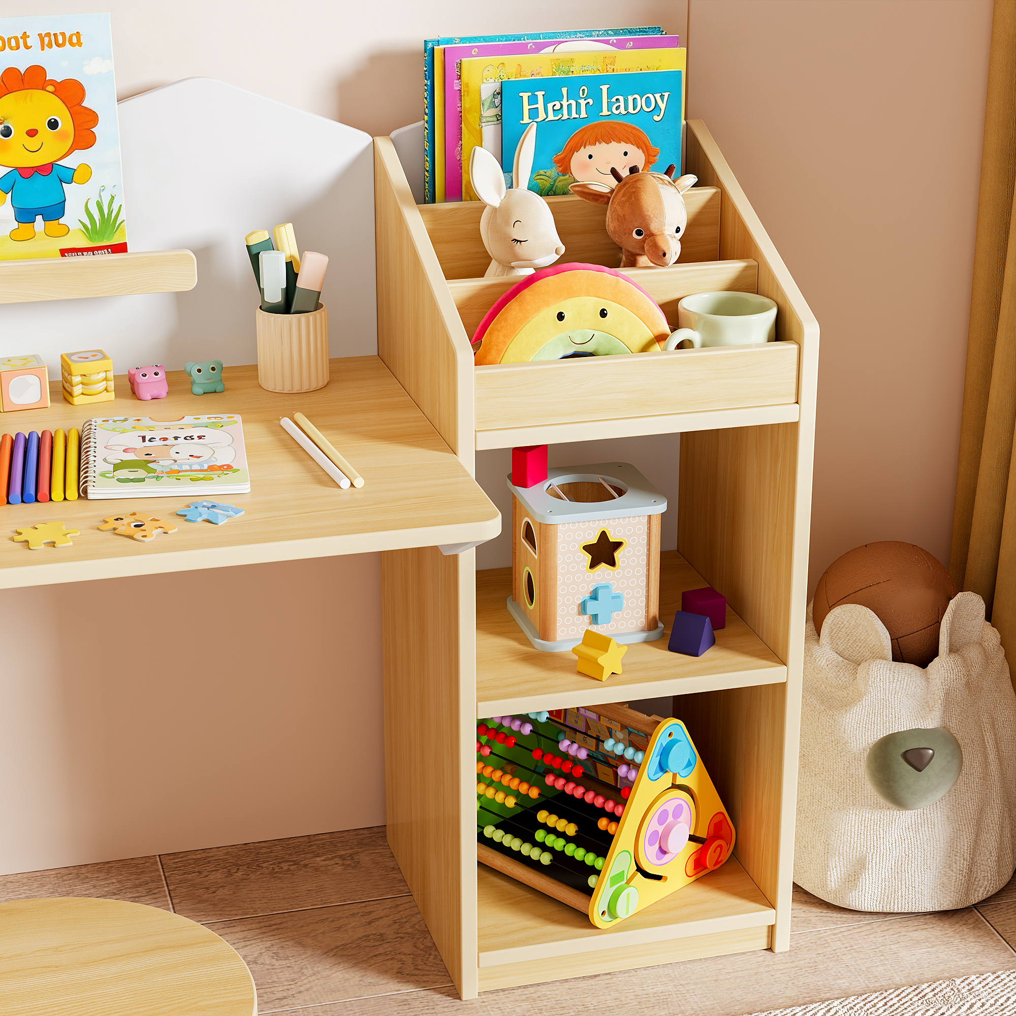 Reasea Kids Desk with Bookshelves & 2 Stools, Wooden Study Table Set with 5 Storage Cabinets, Children Writing & Drawing Table