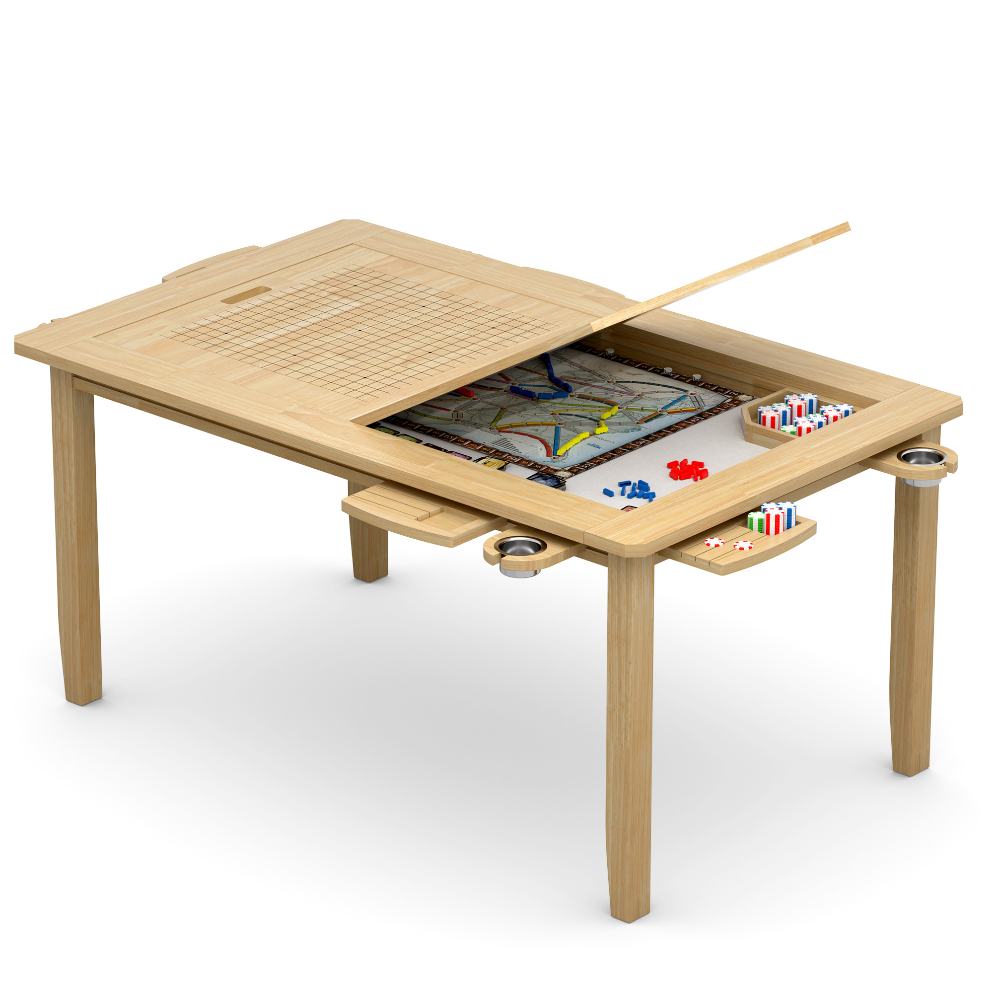 Reasea 66"x 39" Solid Wood Board Game Dining Table with Removable Top, PU Leather Mat, 4 Cup Holders & 4 Hobby Trays, Seats 4-6