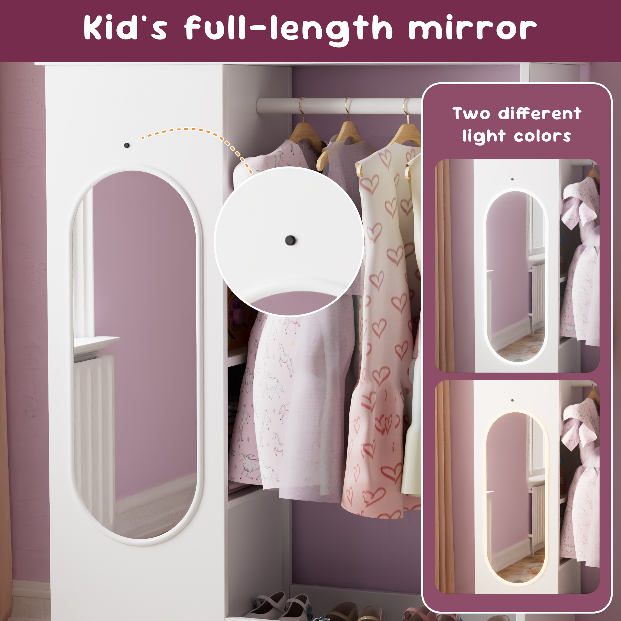 Reasea Kids Armoire with a Jewelry Cabinet, Princess Dress Up Closet with Mirror