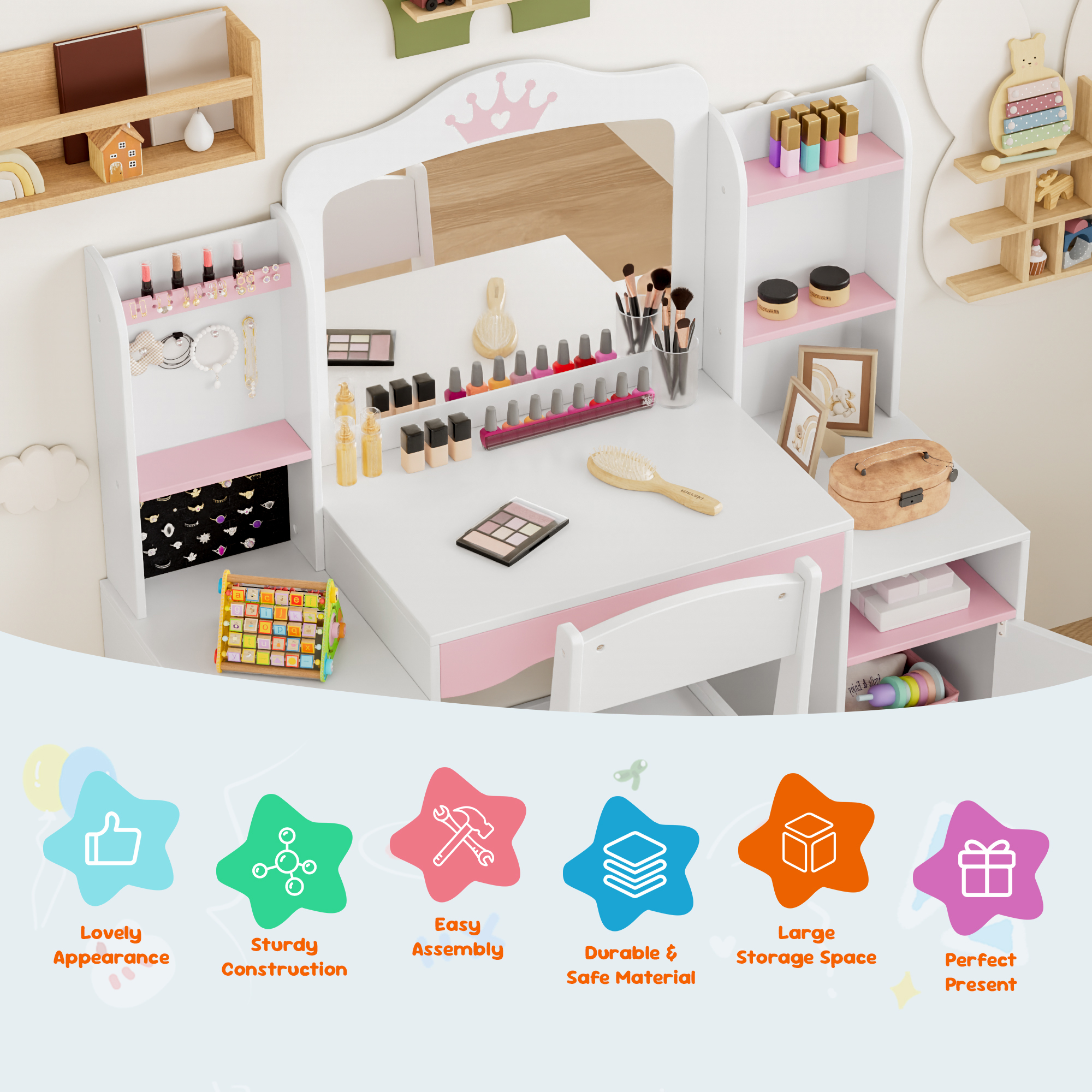 Reasea Kids Vanity, Girl Vanity Set with Mirror and Stool, 2 in 1 Toddler Makeup Vanity Table with Jewelry Storage