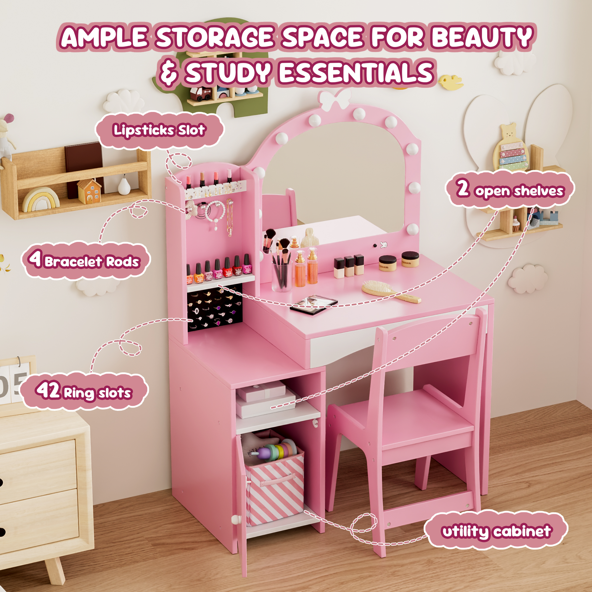 Reasea Pink Wooden Girls Vanity Table Set with Mirror, Chair & Jewelry Storage - 2-in-1 Makeup Desk for Pretend Play, Princess Dressing Station for Kids
