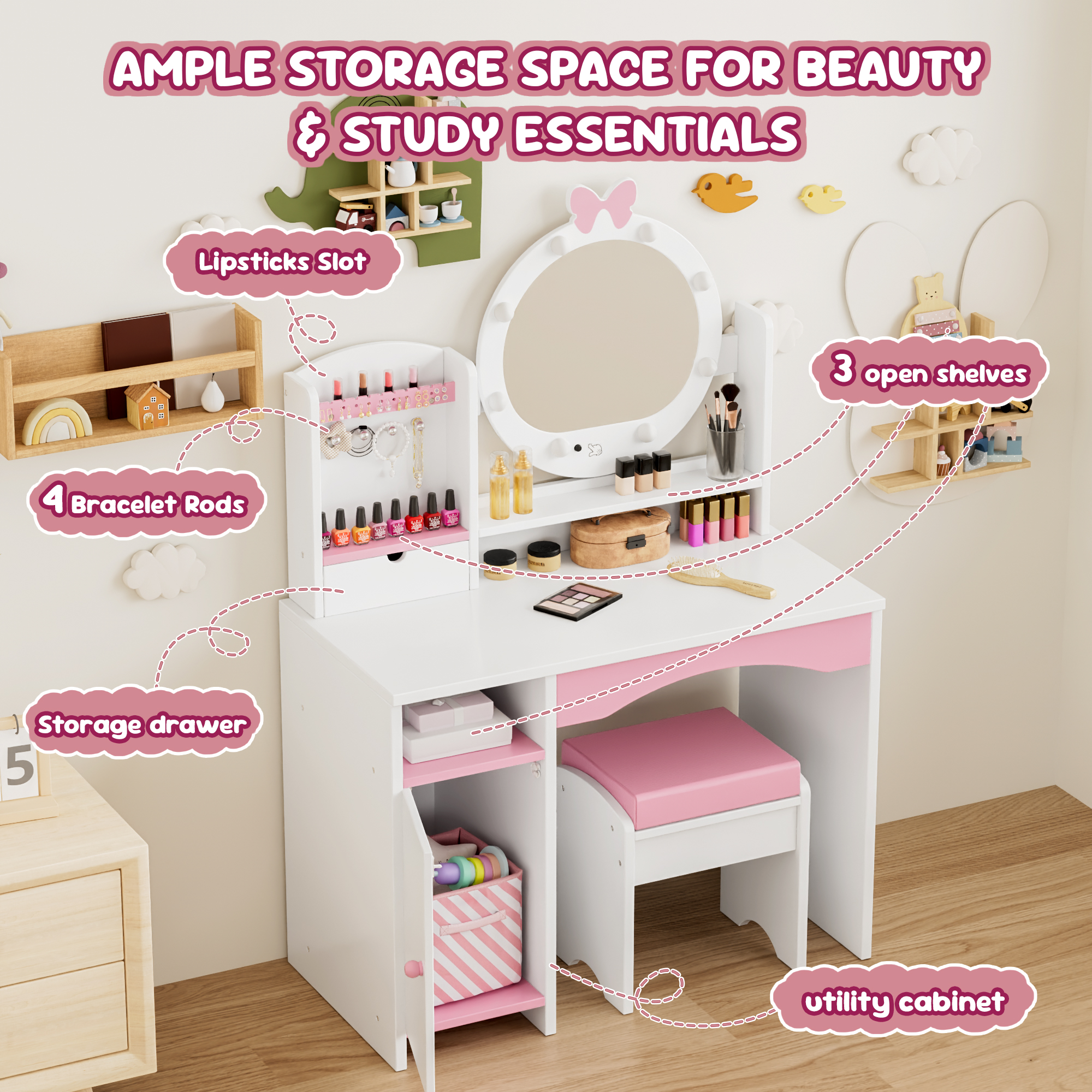 Reasea Kids Vanity Table, Girls Vanity Set, Princess Makeup Vanity Desk & Chair Set