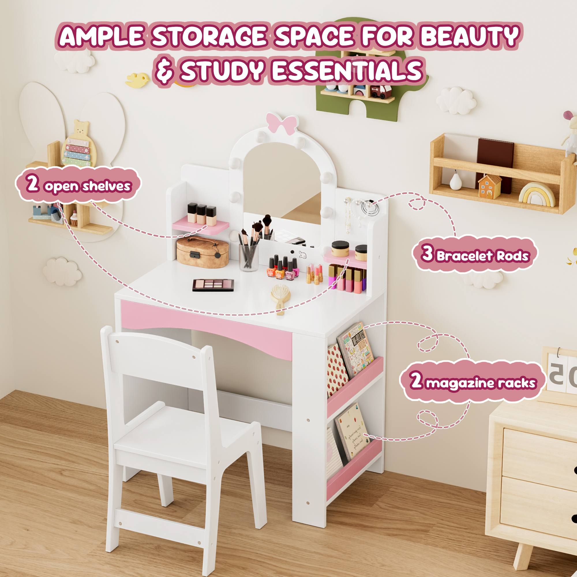 Reasea 1 Piece Kids LED Lights Vanity Desk Table Set