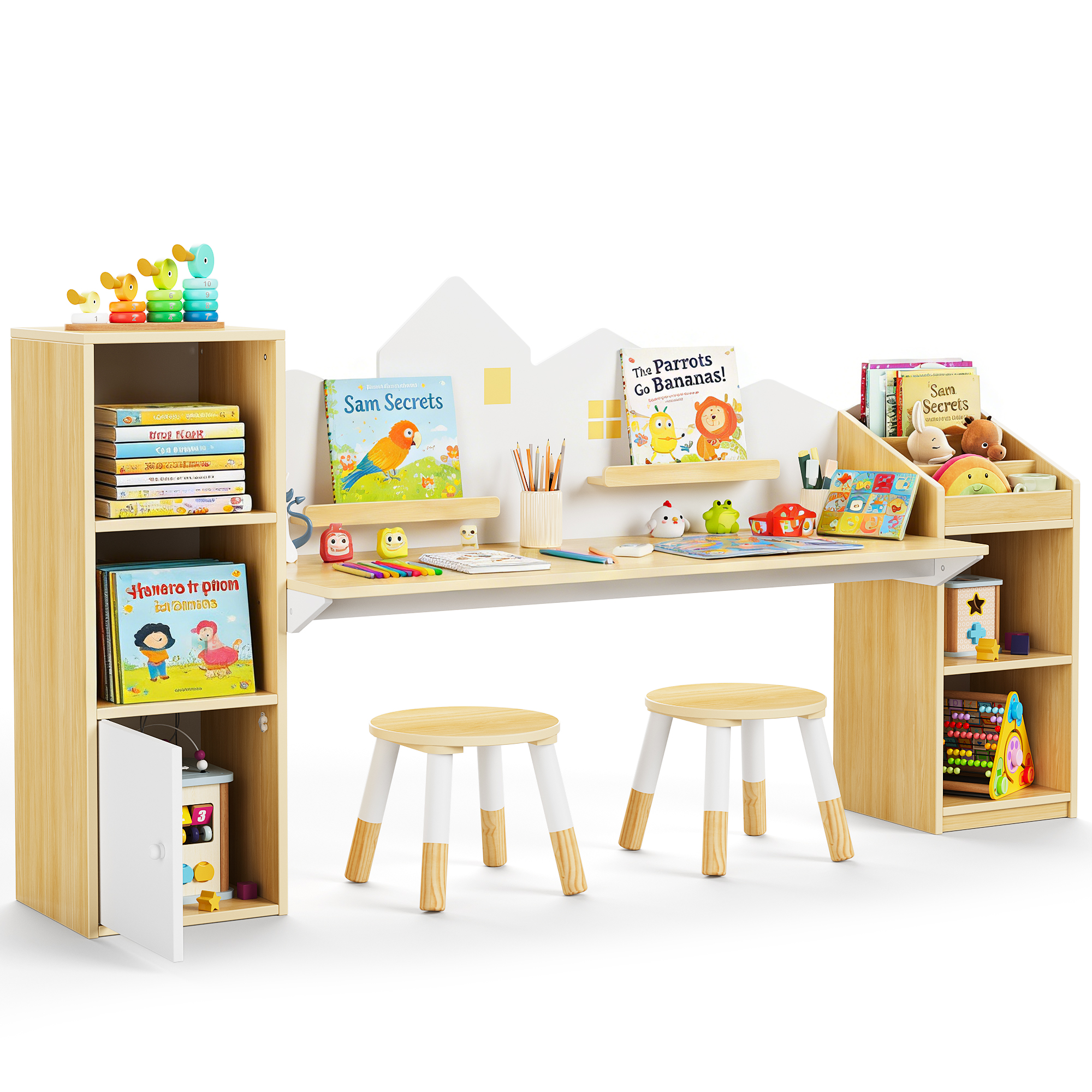 Reasea Kids Desk with Bookshelves & 2 Stools, Wooden Study Table Set with 5 Storage Cabinets, Children Writing & Drawing Table
