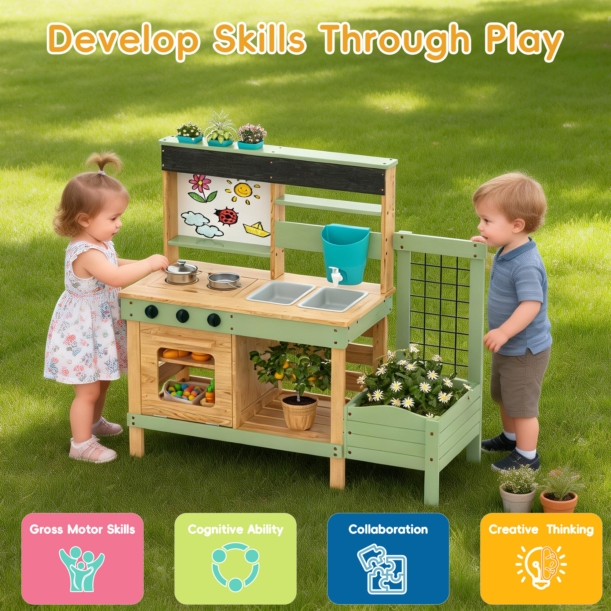 Reasea Outdoor Kids Wooden Mud Kitchen Playset, Plant Growing Box, Removable Sink, Oven Stove & Kitchen Accessories, Backyard Garden Pretend Play Toy