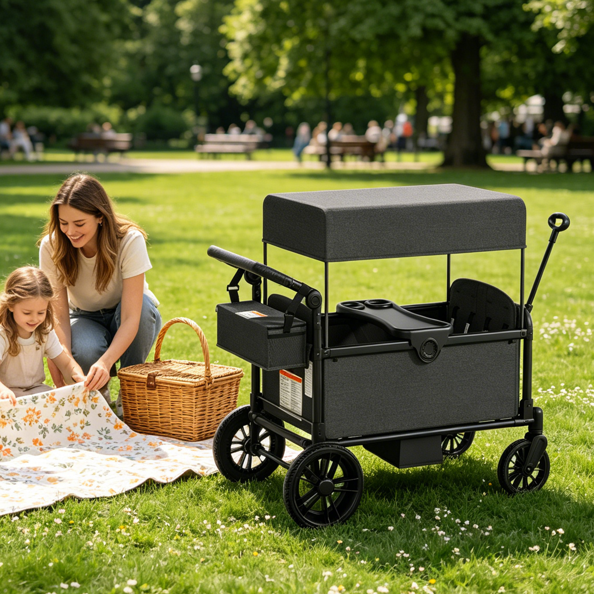 Reasea 4-Seat Kids Stroller Wagon, Foldable Outdoor Utility Wagon with Side Entry, 5-Point Safety Harness, Adjustable Push Pull Handle & Removable Canopy