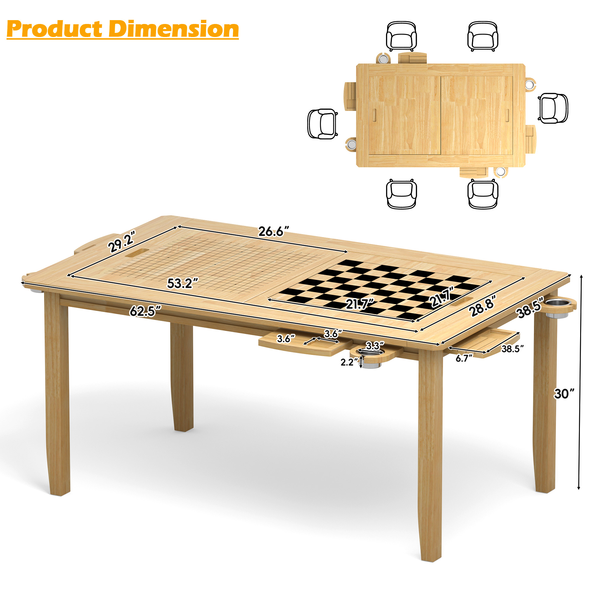 Reasea 66"x 39" Solid Wood Board Game Dining Table with Removable Top, PU Leather Mat, 4 Cup Holders & 4 Hobby Trays, Seats 4-6