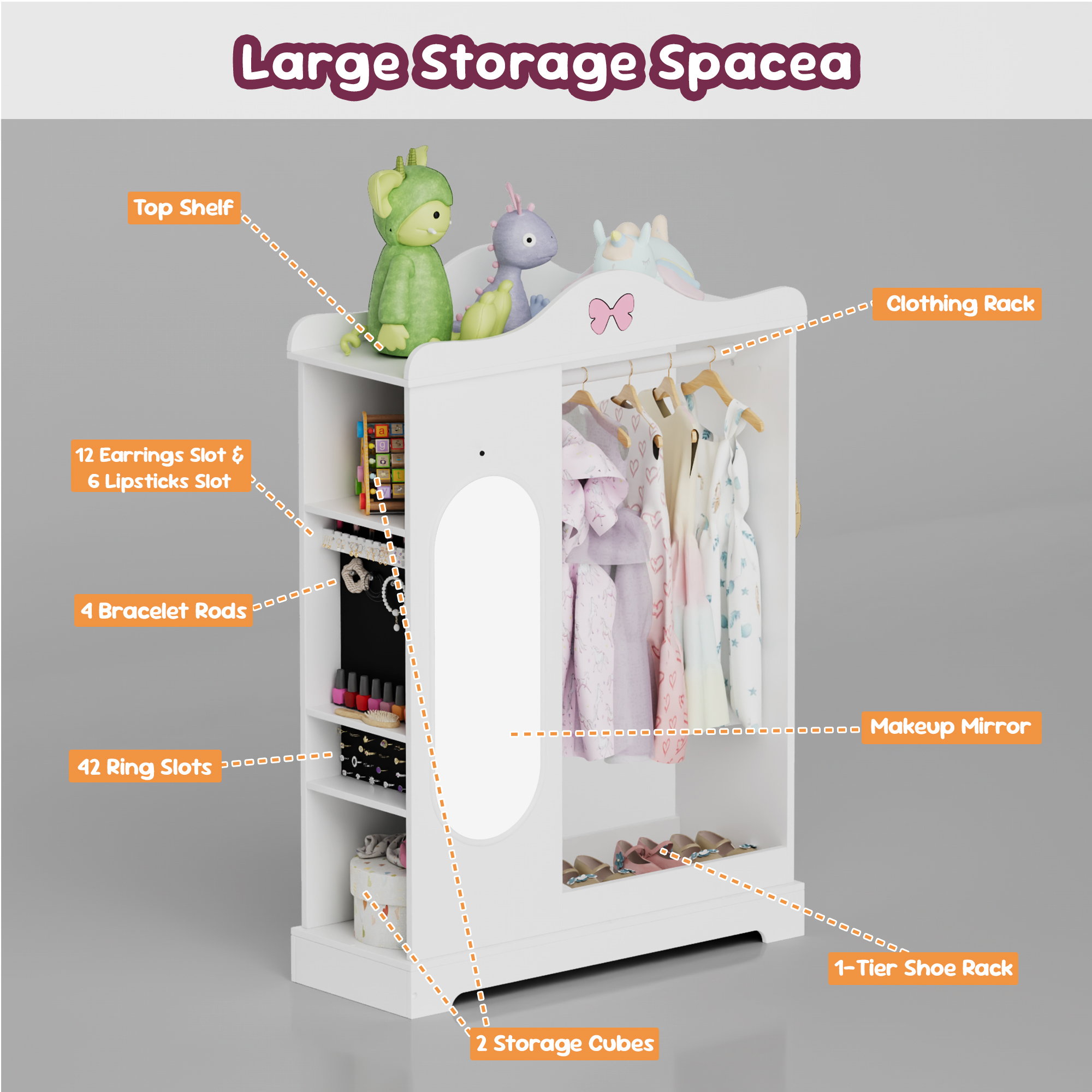 Reasea Kids Armoire with a Jewelry Cabinet, Princess Dress Up Closet with Mirror