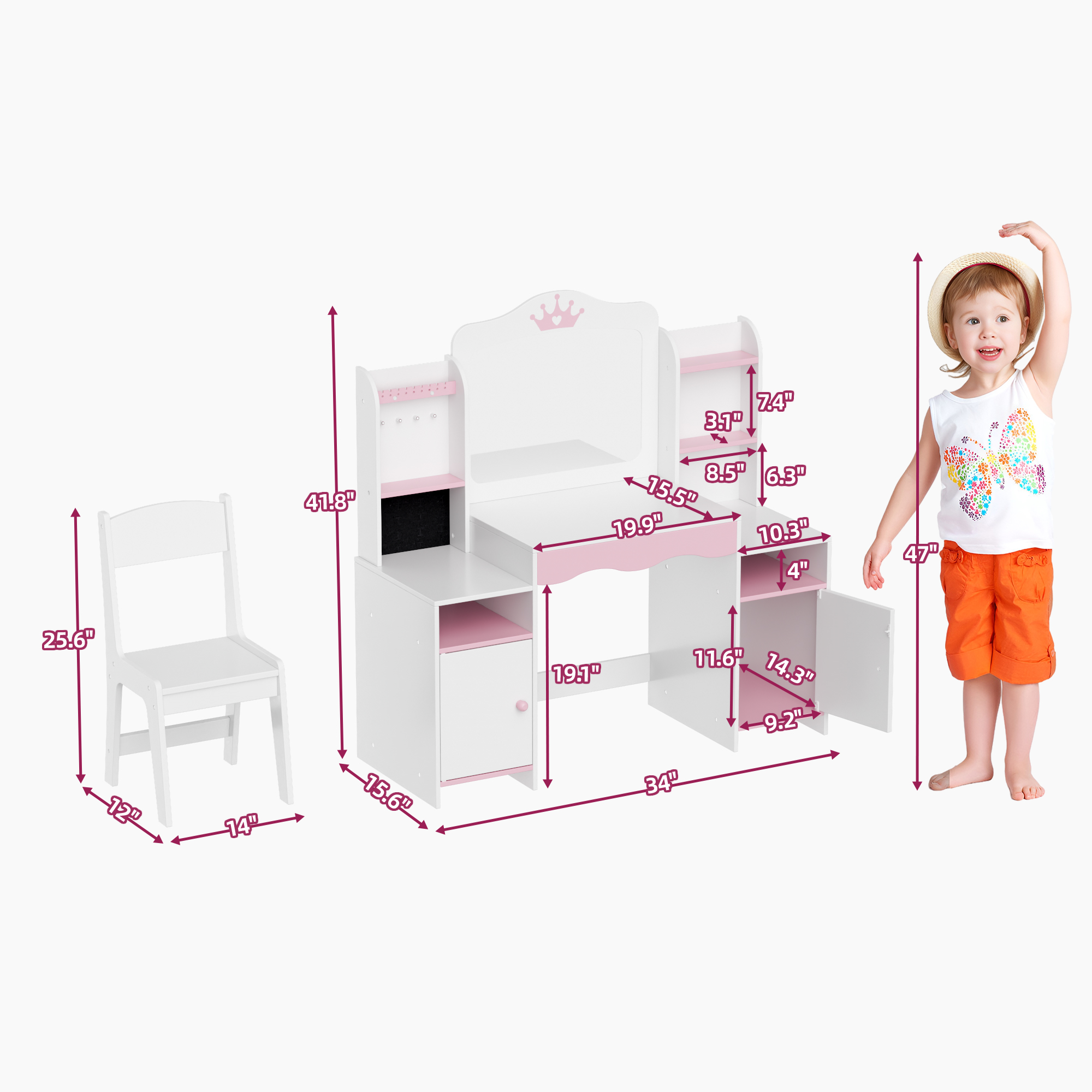 Reasea Kids Vanity, Girl Vanity Set with Mirror and Stool, 2 in 1 Toddler Makeup Vanity Table with Jewelry Storage