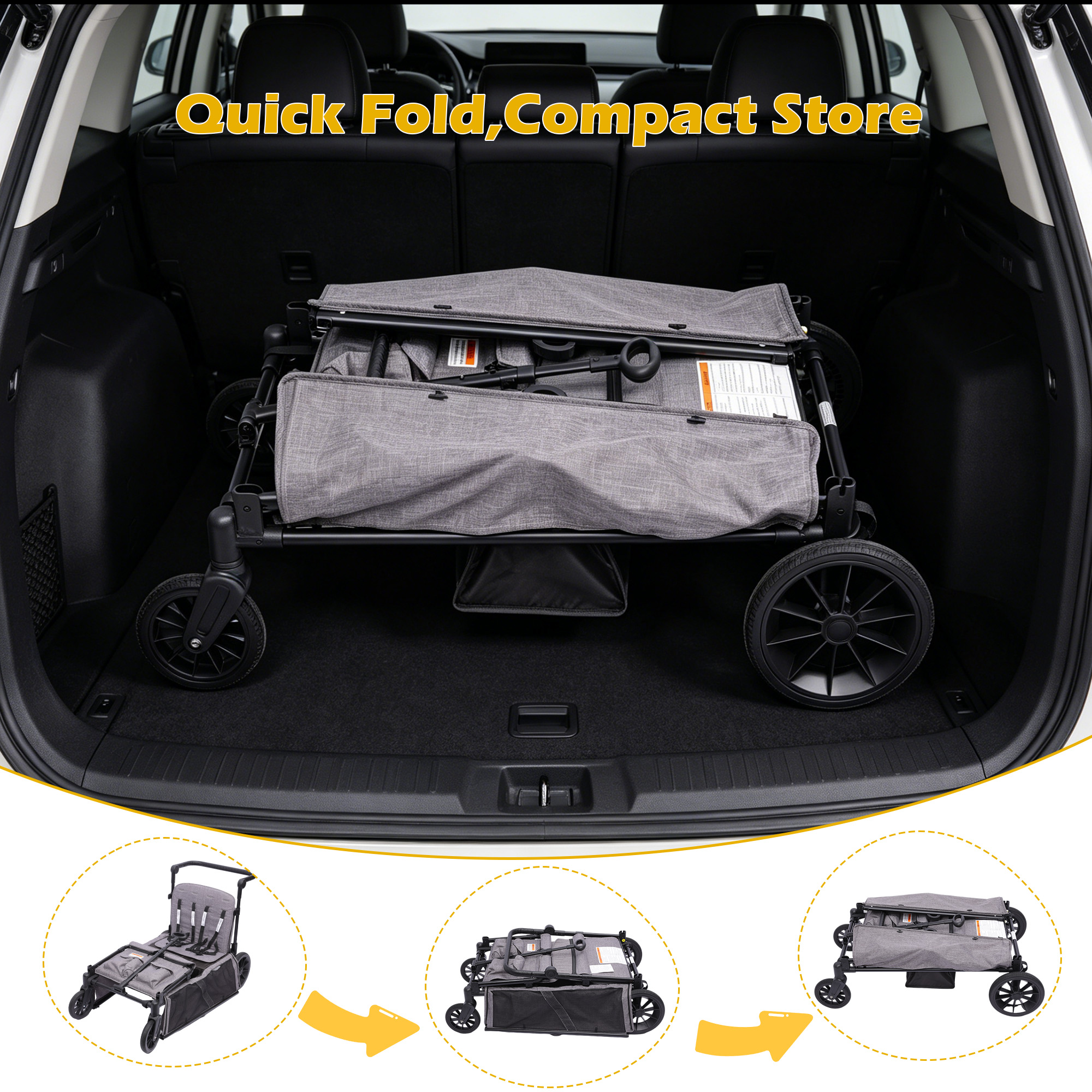 Reasea 4-Seat Kids Stroller Wagon, Foldable Outdoor Utility Wagon with Side Entry, 5-Point Safety Harness, Adjustable Push Pull Handle & Removable Canopy