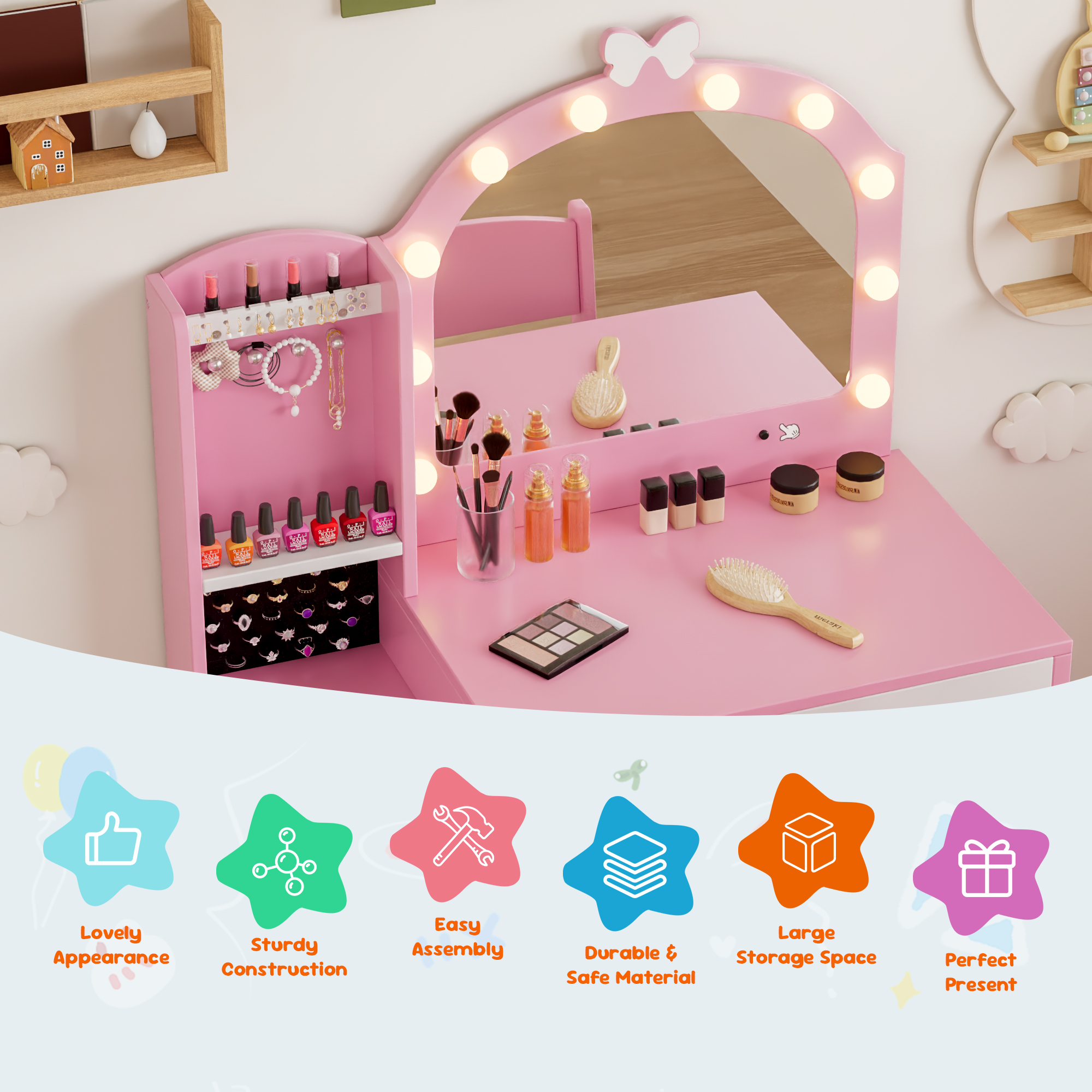 Reasea Pink Wooden Girls Vanity Table Set with Mirror, Chair & Jewelry Storage - 2-in-1 Makeup Desk for Pretend Play, Princess Dressing Station for Kids
