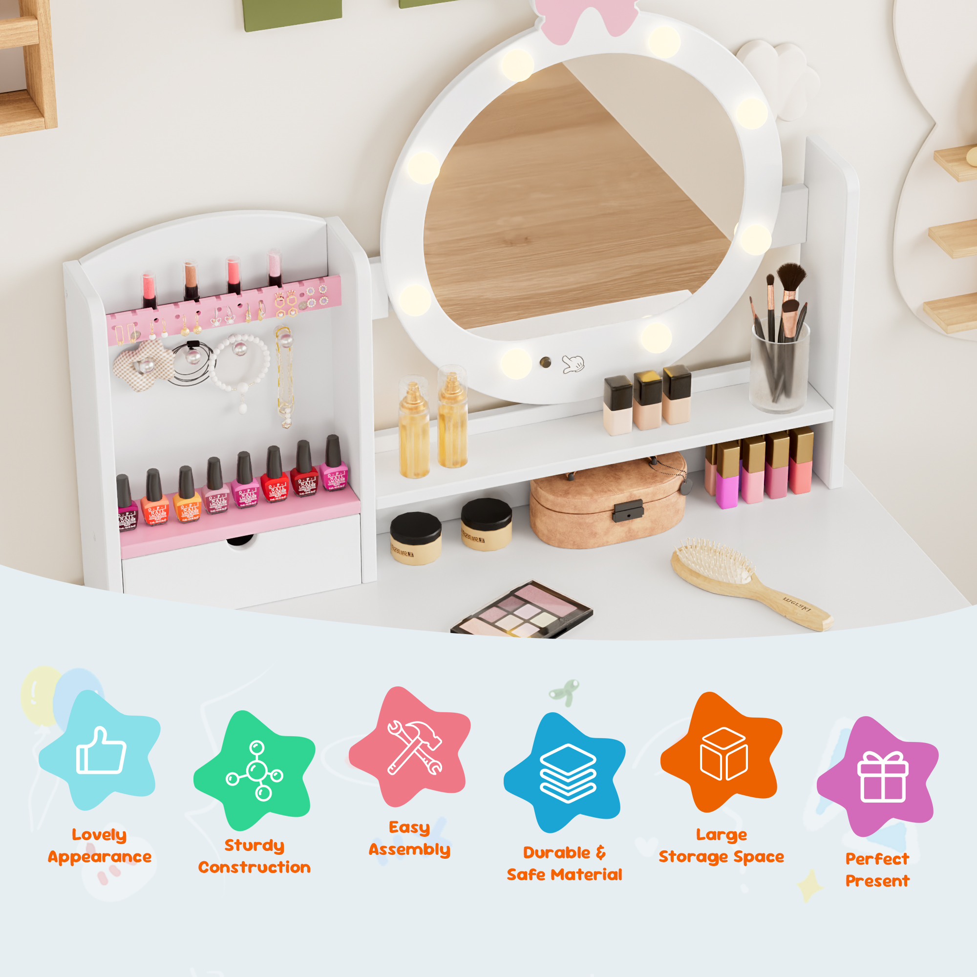 Reasea Kids Vanity Table, Girls Vanity Set, Princess Makeup Vanity Desk & Chair Set