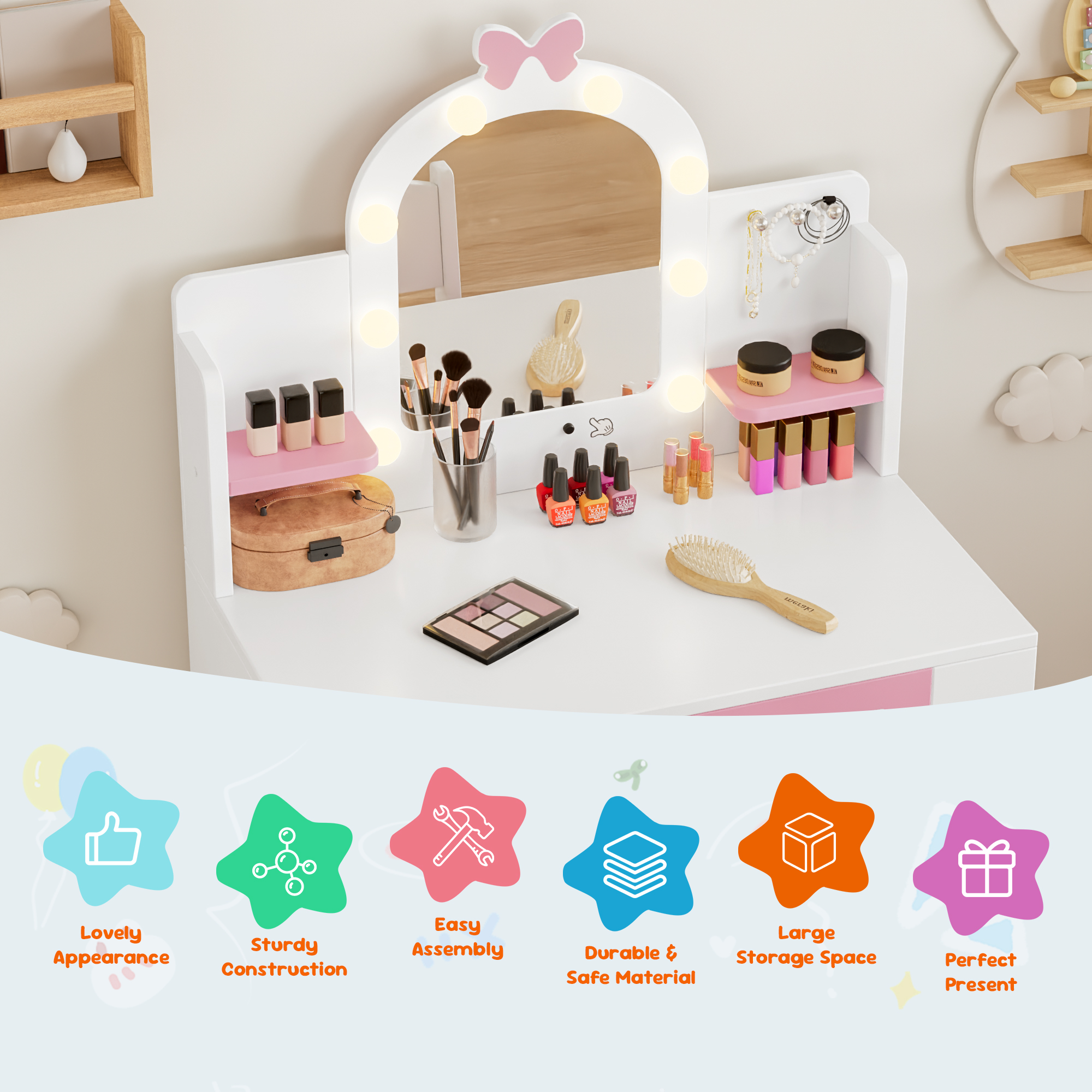 Reasea 1 Piece Kids LED Lights Vanity Desk Table Set
