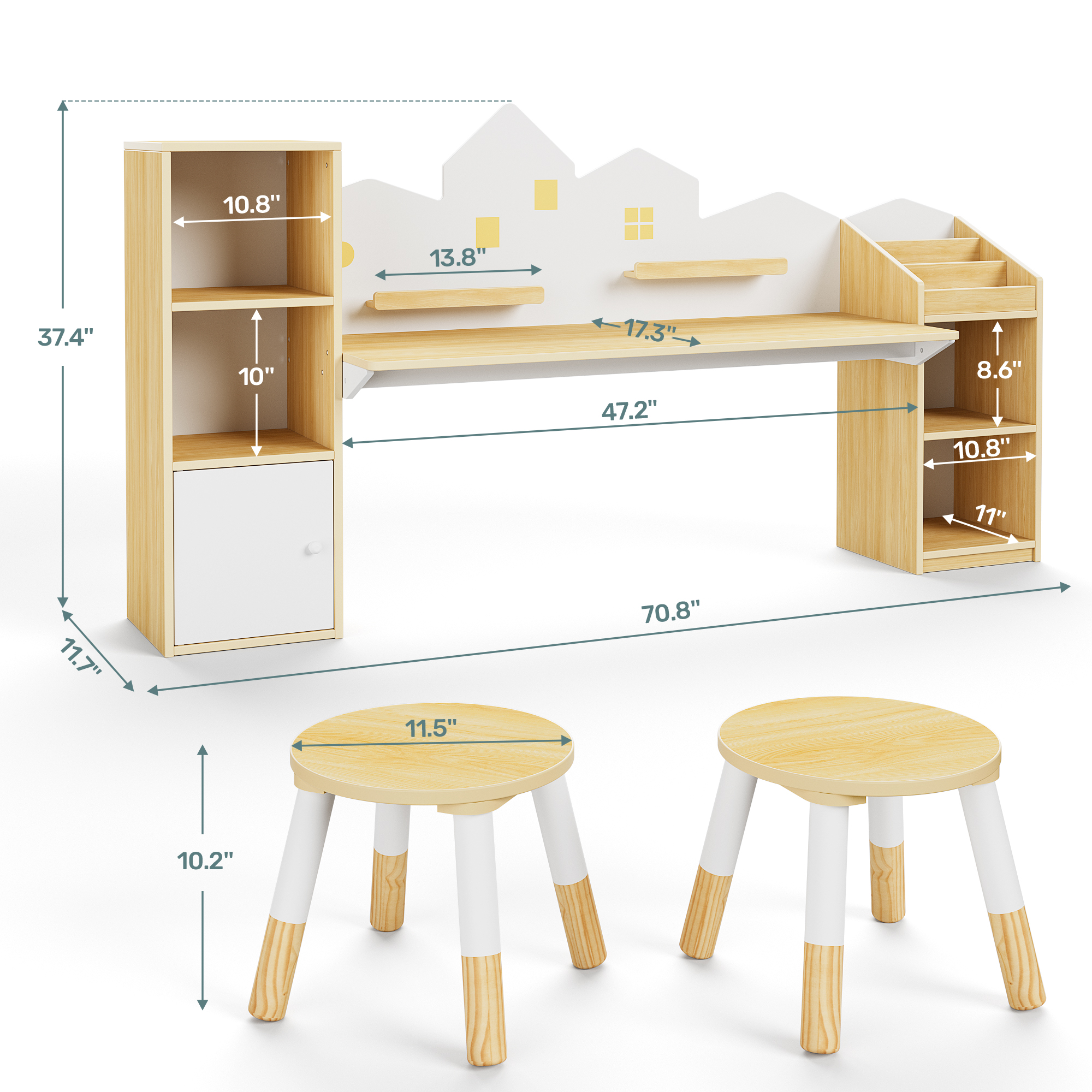 Reasea Kids Desk with Bookshelves & 2 Stools, Wooden Study Table Set with 5 Storage Cabinets, Children Writing & Drawing Table