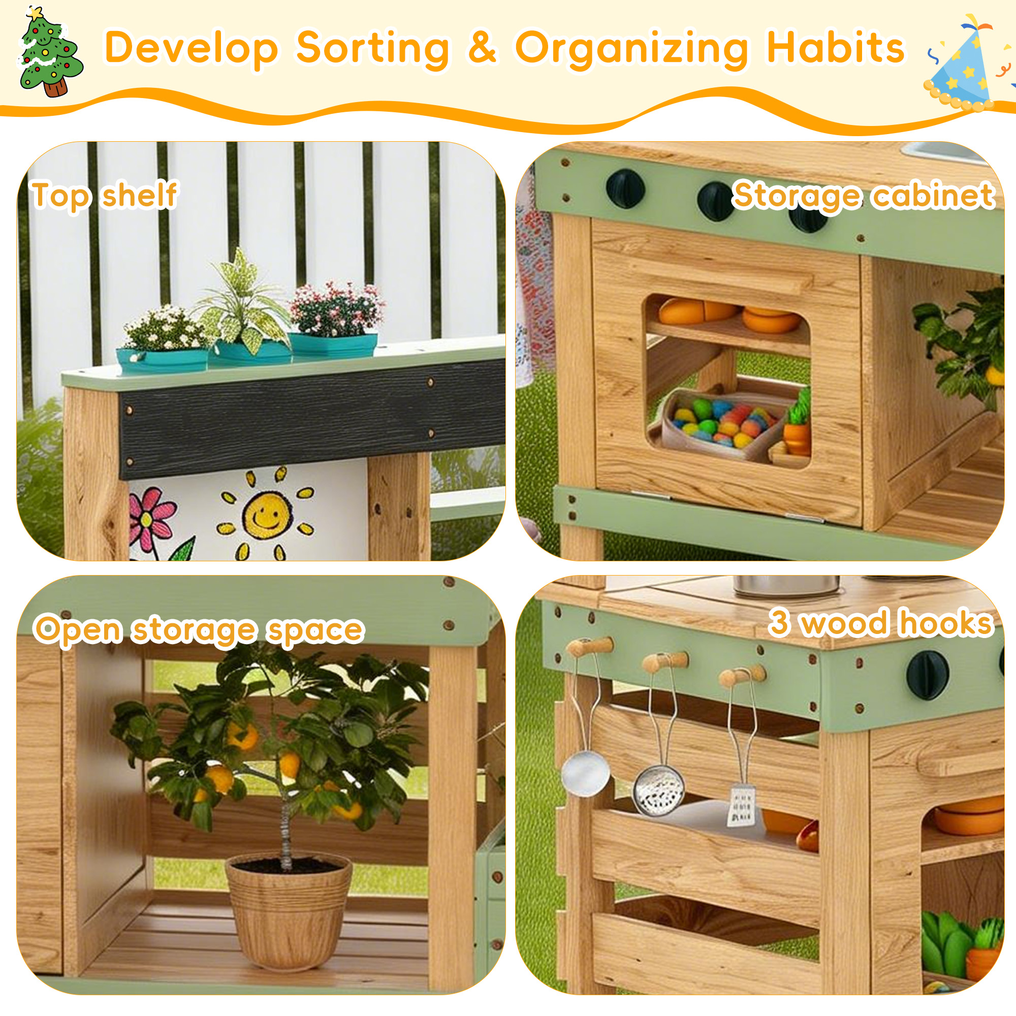 Reasea Outdoor Kids Wooden Mud Kitchen Playset, Plant Growing Box, Removable Sink, Oven Stove & Kitchen Accessories, Backyard Garden Pretend Play Toy